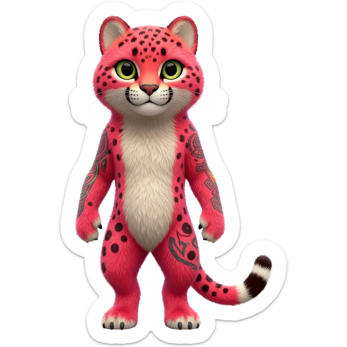 Hyper-Realistic furry flurry fuzzy detailed Colorful cute adorable tropical exotic fruity kiwi-green lemony rosy neon-red Caracal-Cheetah-Civet-Trico-fusion-hybrid-animal-creature, full body, with tribal tattoos sticker