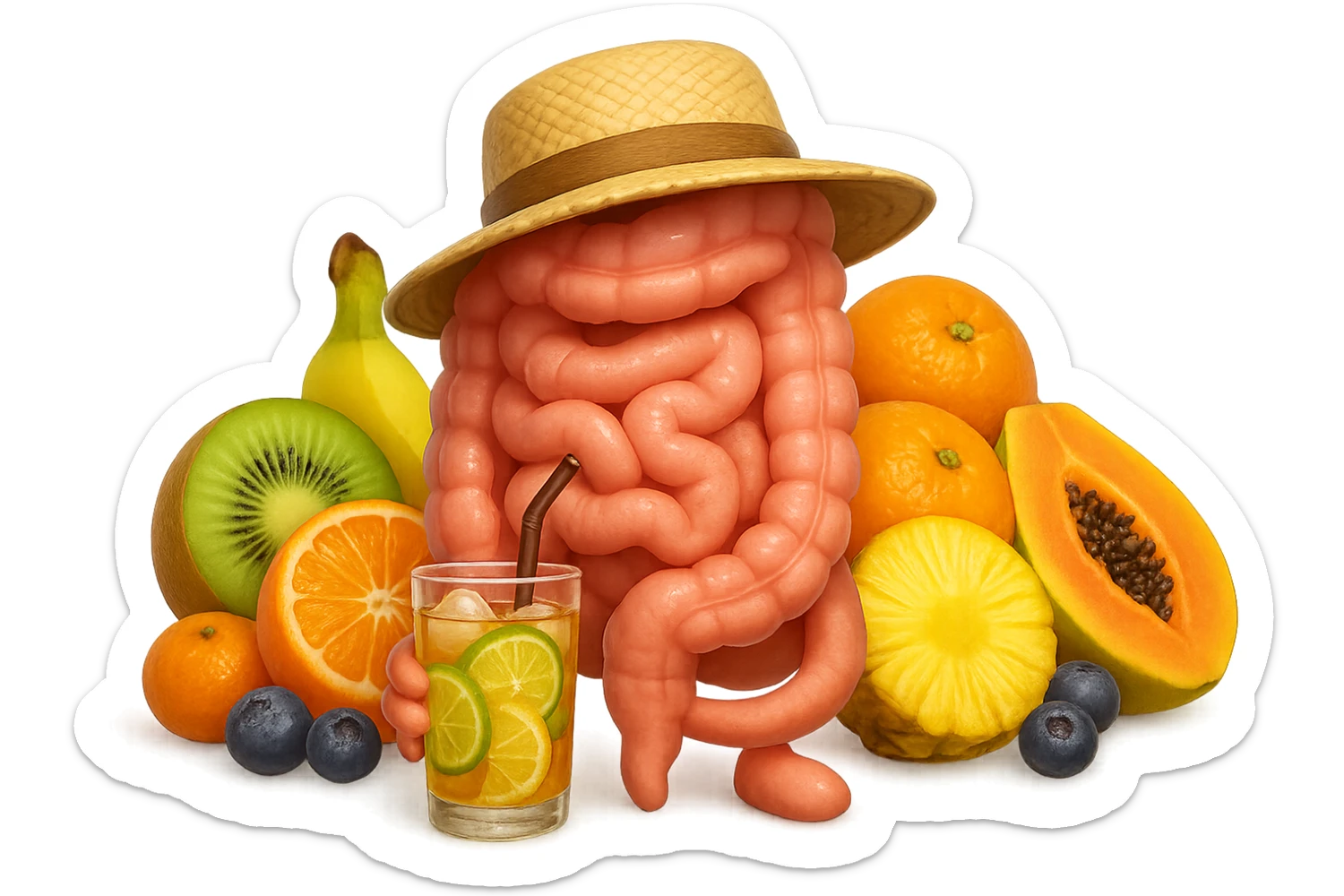 EMOJI STILE IPHONE DI INTESTINO UMANO REALISTICO CON CAPPELLO DI PAGLIA DA SPIAGGIA CHE BEVE UN Tè FREDDO IN BICCHIERE DI VETRO CON DENTRO  fette di cetriolo, limone, lime, DIETRO L'INTESTINO C'è UNA MONTAGNA DI PEZZI DI FRUTTA: Kiwi
Banana acerba
Arance e mandarini
Mirtilli
Ananas
Papaya
IPERREALISTICO 4K sticker