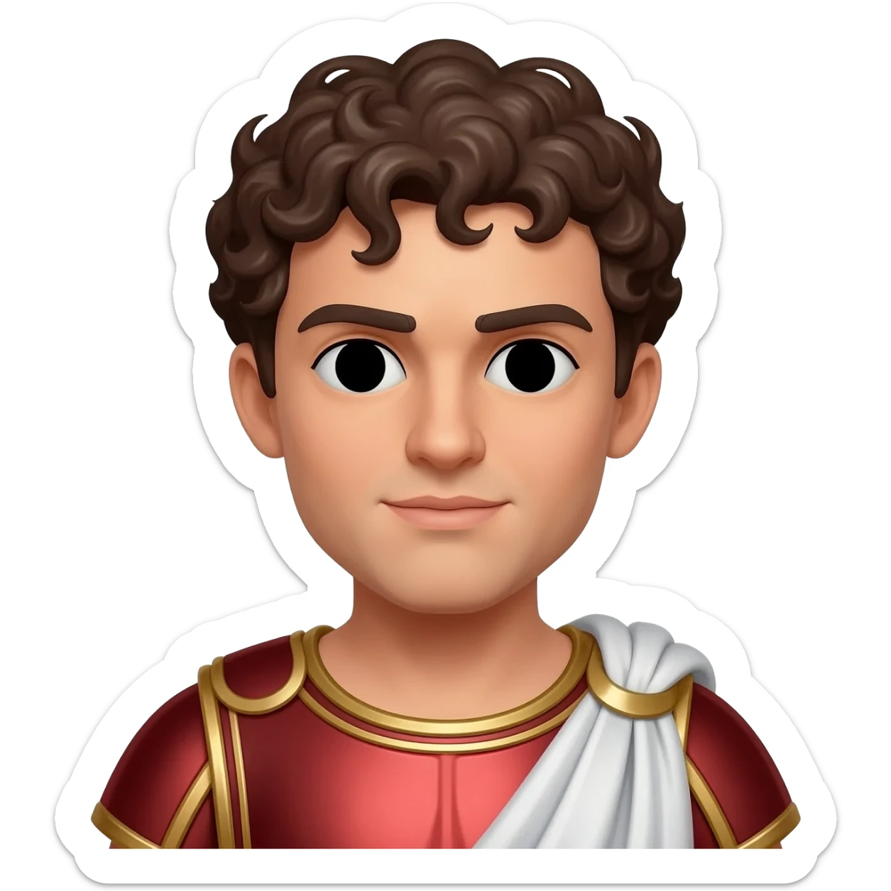 Mark Antony from Rome Mythology with black eyes, dark brown curly hair, red metallic tunic, white metallic toga sticker