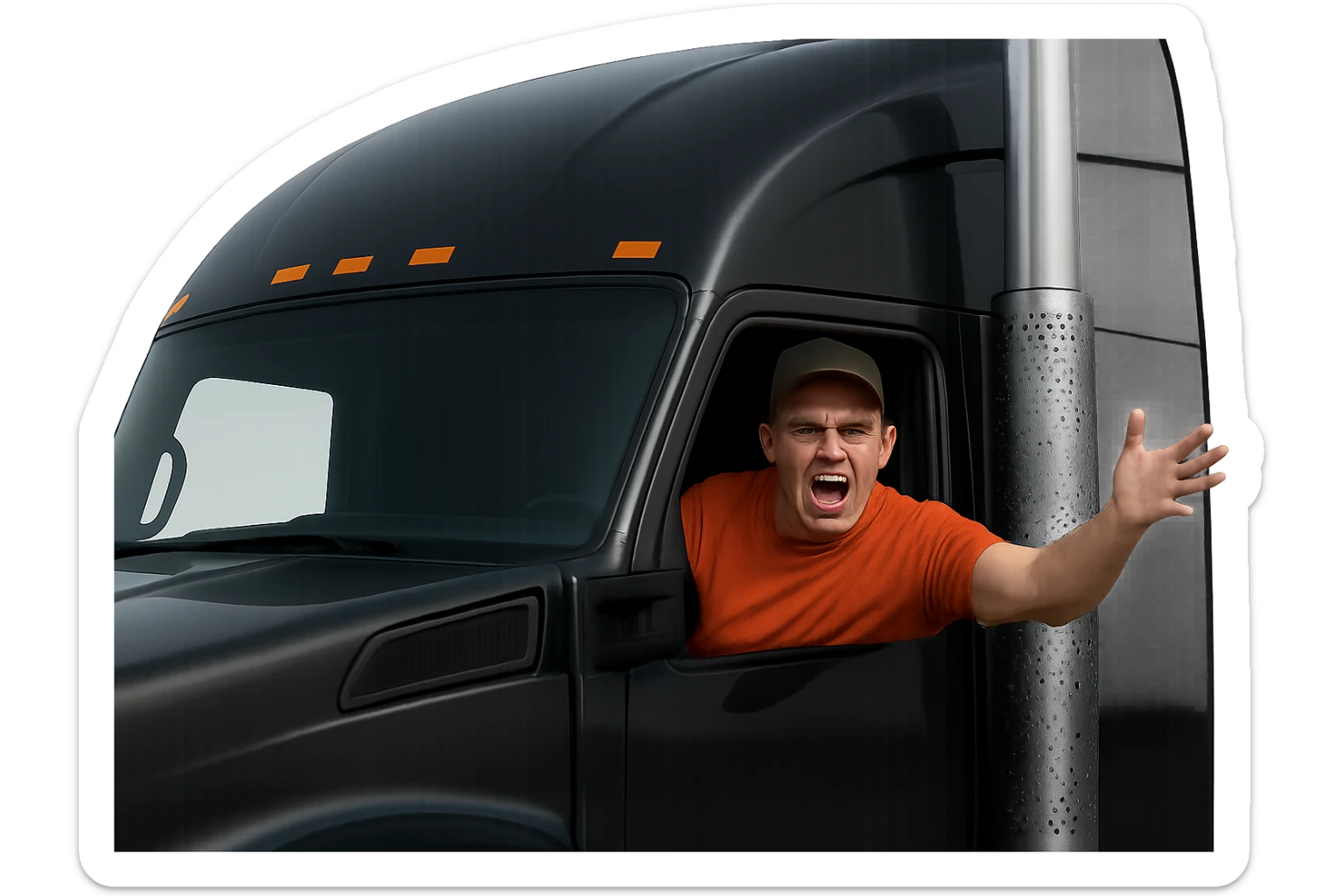 Zoom in closer on the cab of the truck. Make the person in the truck look angry, bald, wearing an orange shirt and a baseball cap. Keep the truck black with a chrome stack. Maintain a transparent background. sticker