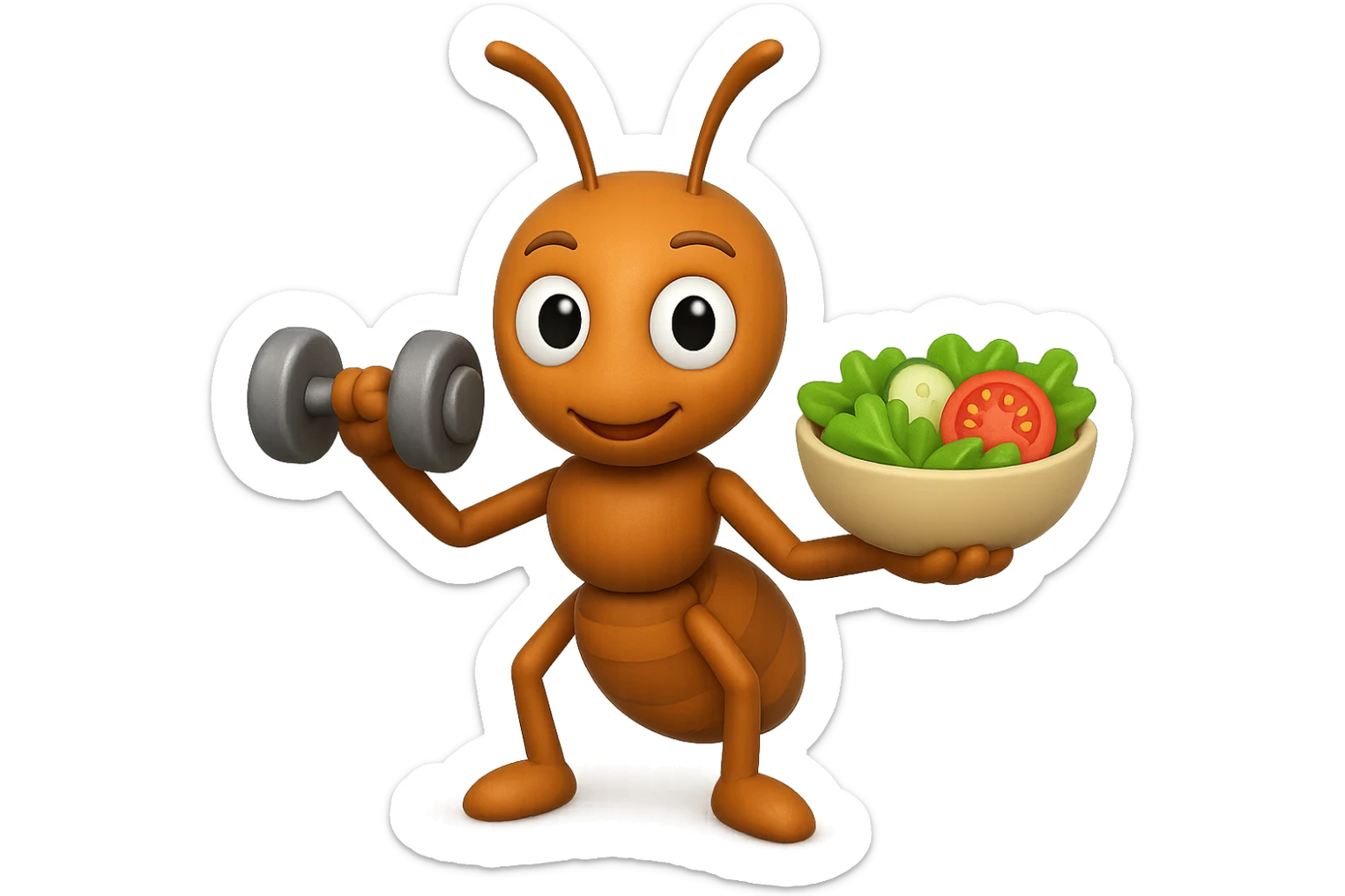 EMOJI STILE IPHONE 3D DI UNA formica CHE ha un manubrio da palestra nella mano destra e un insalata nella mano sinistra, FAGLI GLI OCCHI CON LA PARTE BIANCA, NON SOLO LA PUPILLA sticker