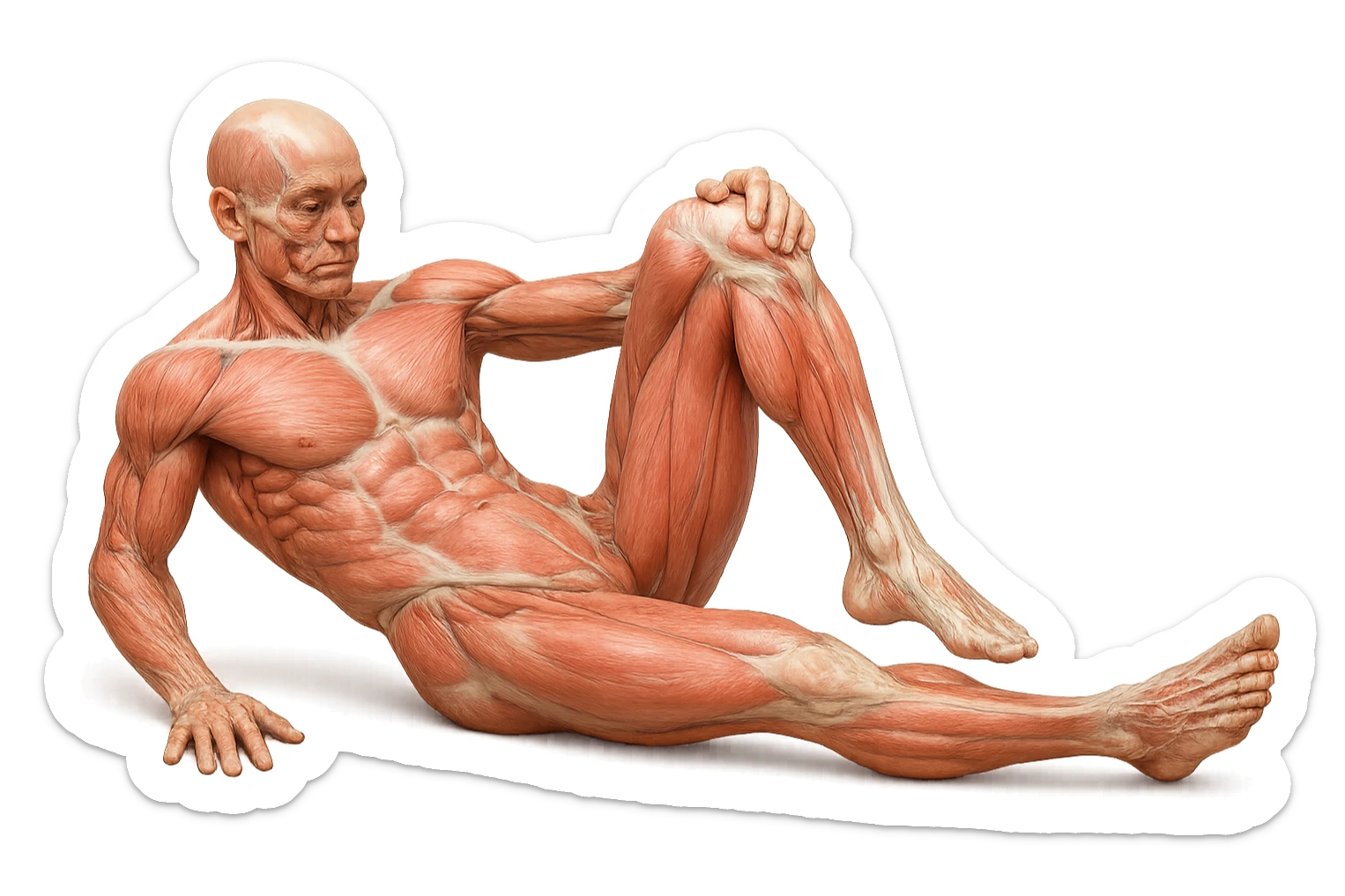 CORPO UMANO ANATOMICO REALISTICO CHE SVOLGE UN ESERCIZIO DI MOBILITà ALLE ANCHE, iperrealistico 4k sticker