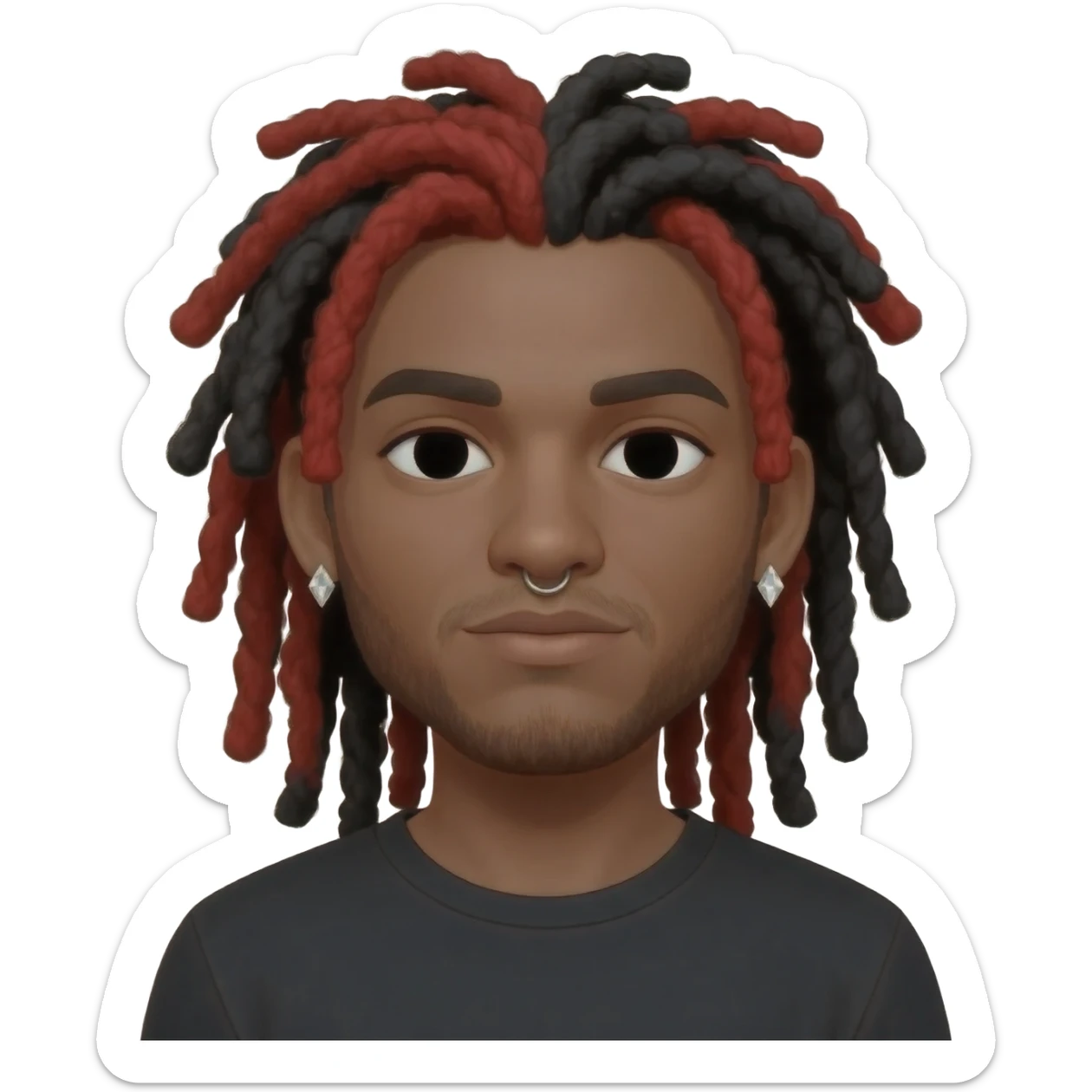 Create an emoji of Jotape MC. He has long red and black dreadlocks, a piercing on the left side of his nose, wears white diamond earrings in both ears, and has no beard. sticker