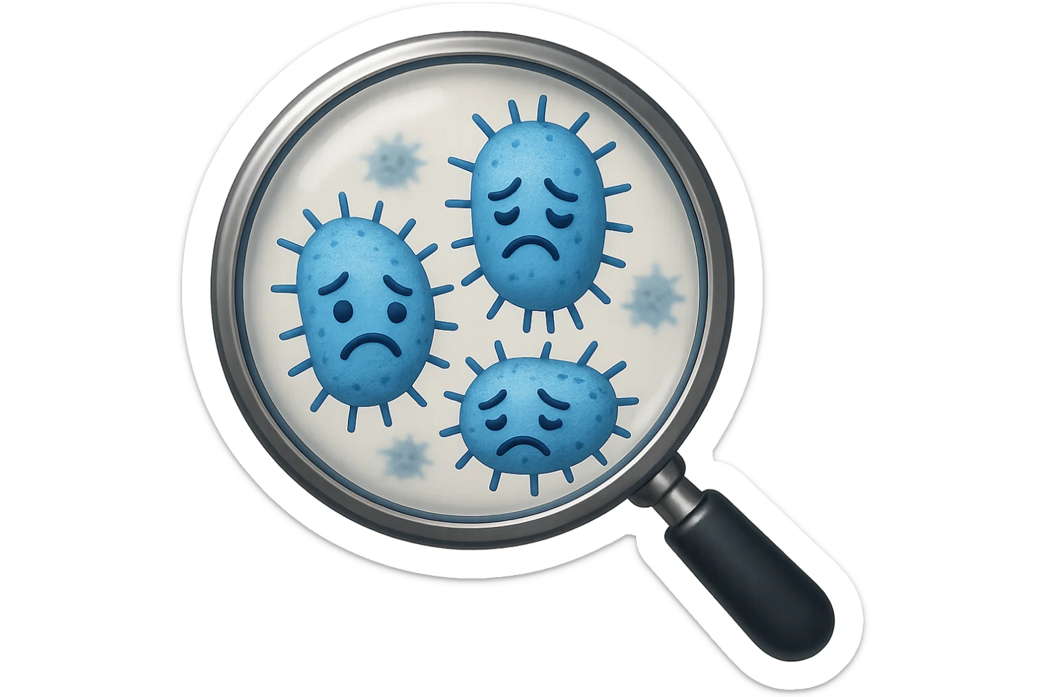 EMOJI STILE IPHONE DI una lente di ingrandimento che inquadra un cumulo di batteri intestinali tristi, IPERREALISTICO 4K sticker