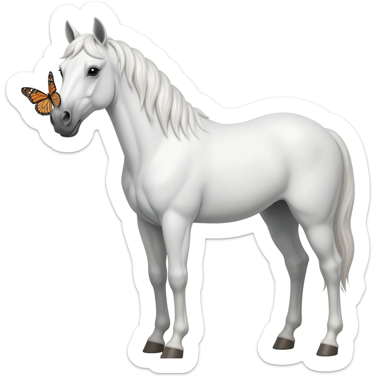 White horse with a butterfly on its nose sticker