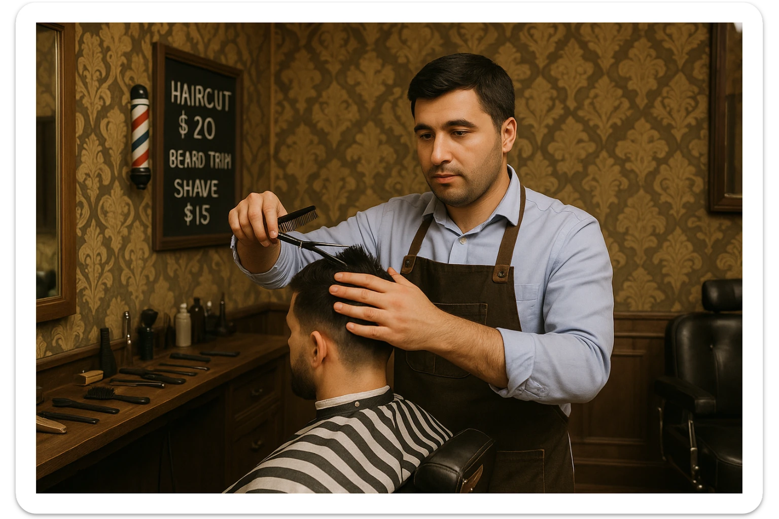 Draw me a picture of a barbershop that looks like this guy working in a barbershop. The barbershop doesn't have to be very modern. It should be on a medium floor. Also draw a blackboard on the wall. It should have the prices for haircuts there. sticker