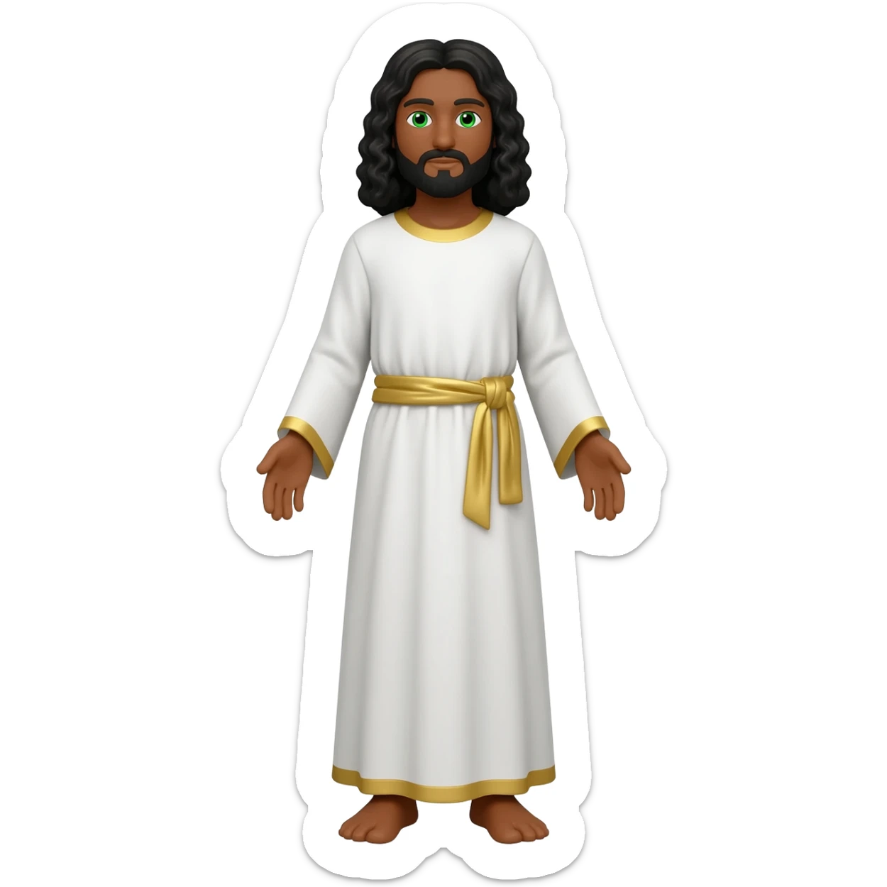 Male all white and gold linesbrown skin green eyes black beard and long black curly hair very tall Jesus Christ full body sticker