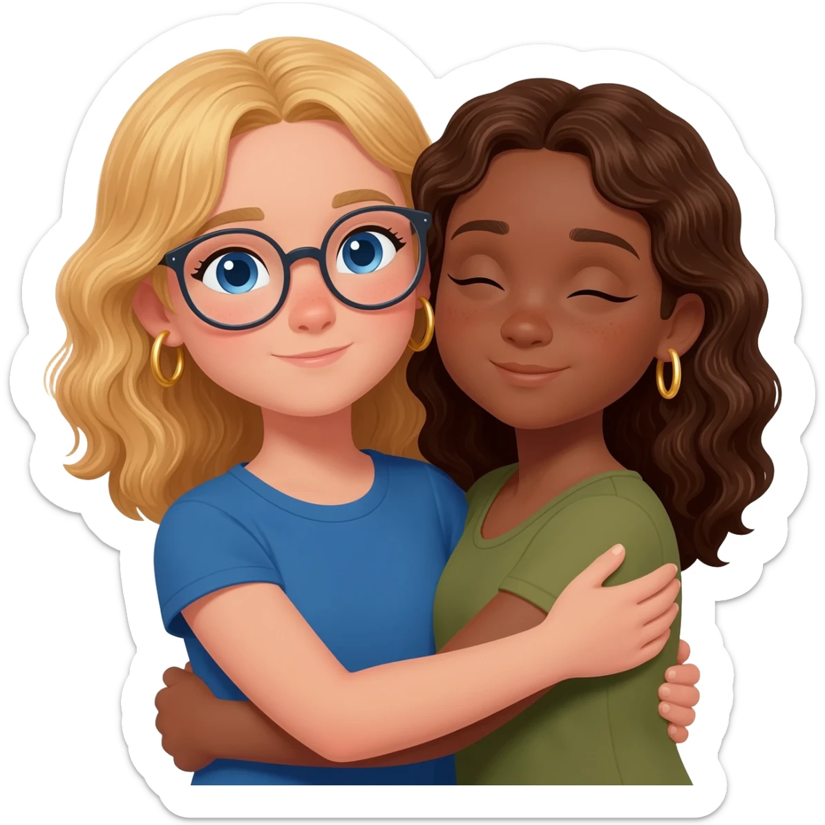 tan girl with blond wavy hair blue eyes no glasses age 10 gold hoop earrings wearing a blue top with an olive skin girl with brown wavy hair no glasses small gold hoop earrings hugging each other sticker