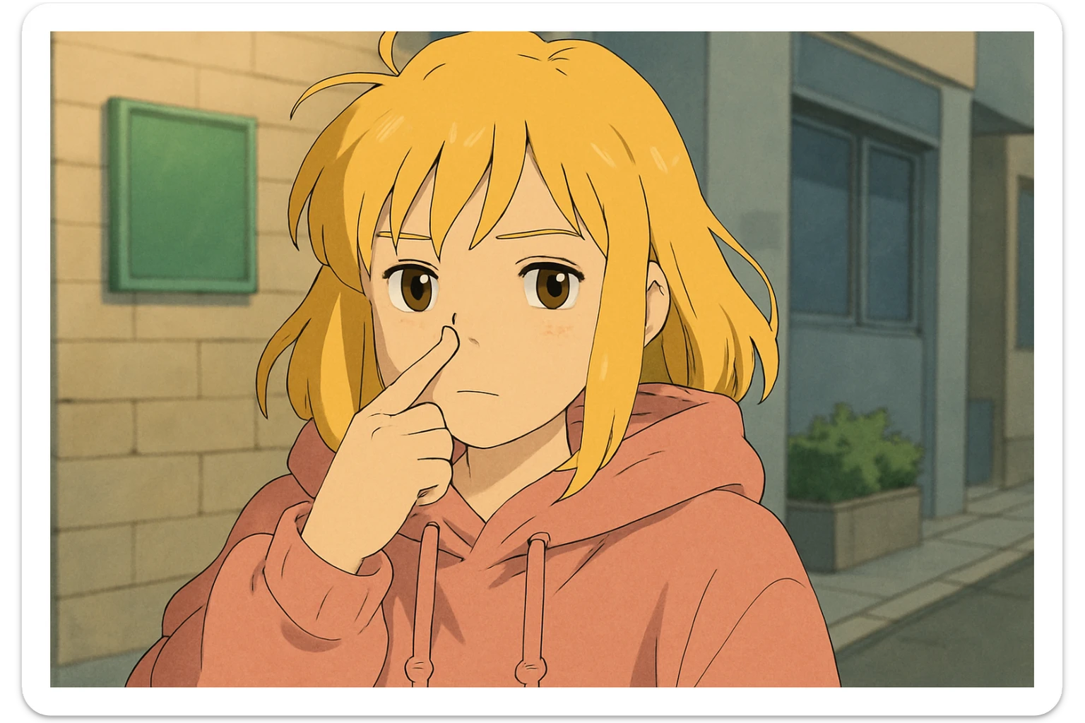 A girl yellow hair brown eyes pink Urban Heavy Loose Fit Hood Sweat touch your nose  sticker