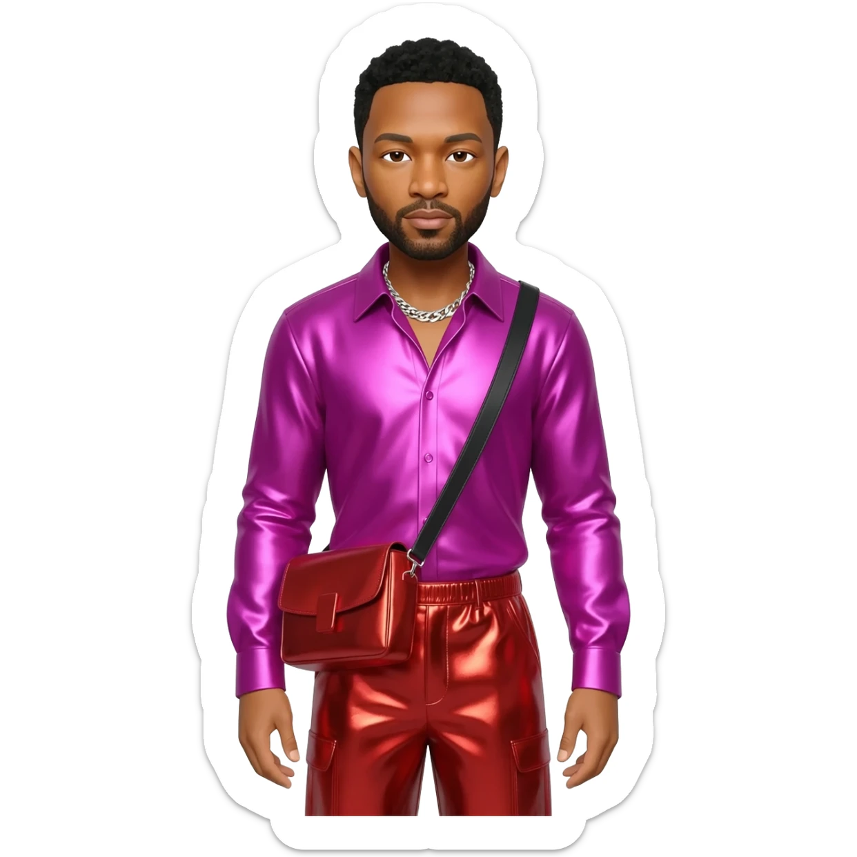 John Legend with black hair, fuchsia metallic shirt, red metallic baggy pants, silver necklace sticker
