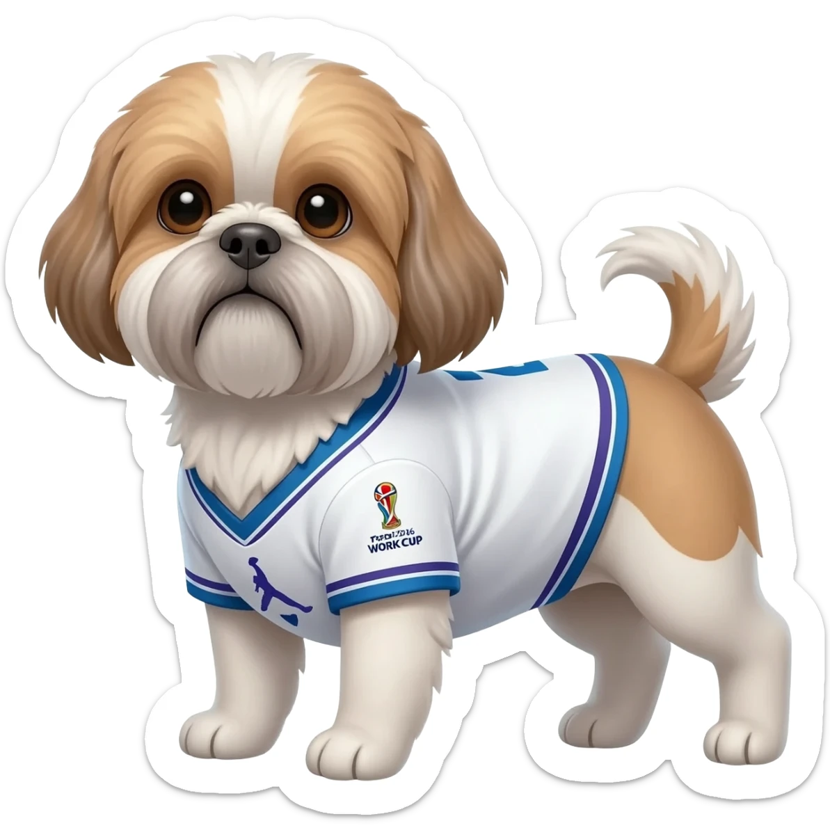 white and light brown shih zhu wearing a Jordan soccer jersey v neck 2026 work cup sticker