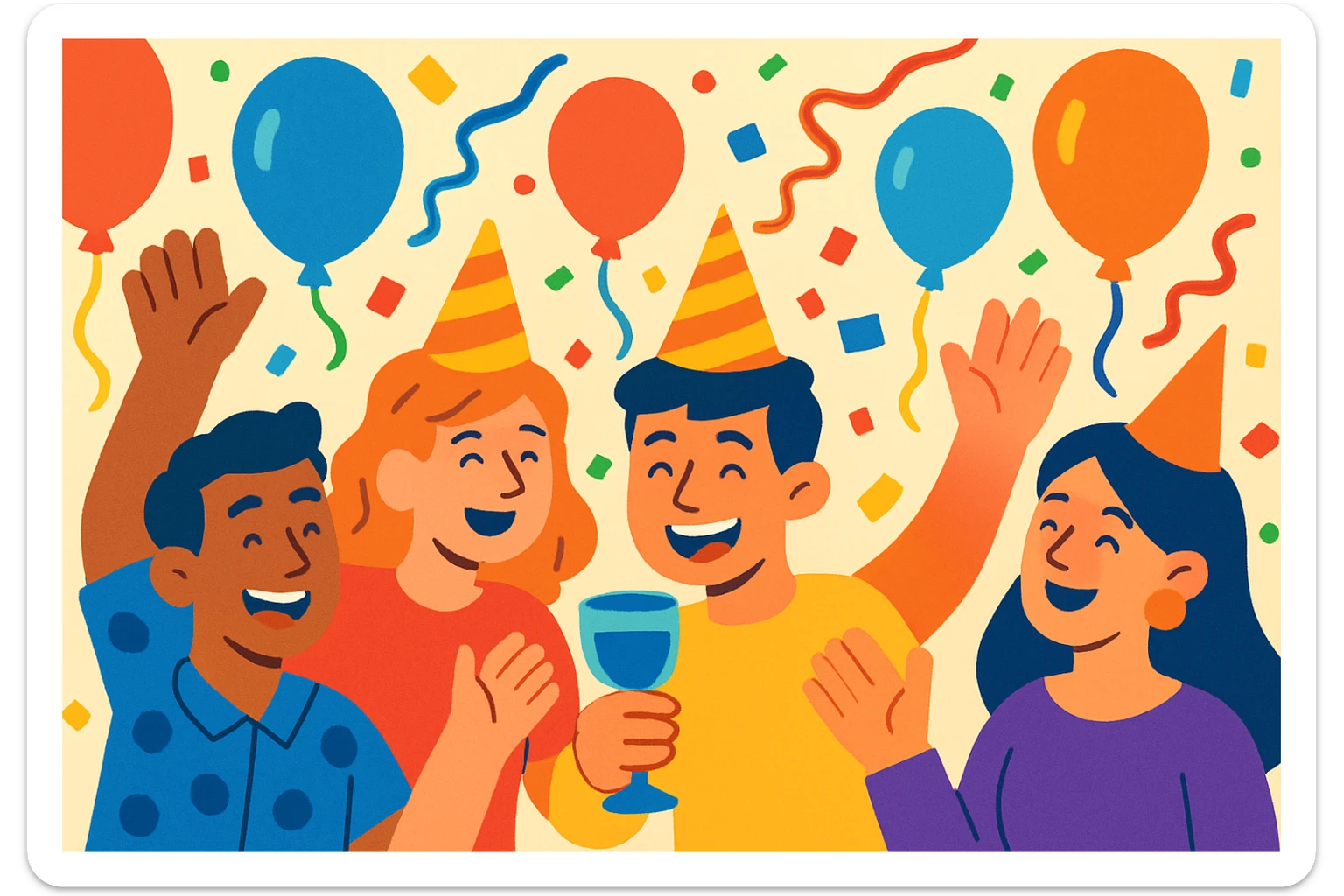 festive party scene with confetti and balloons, vibrant cartoon style sticker