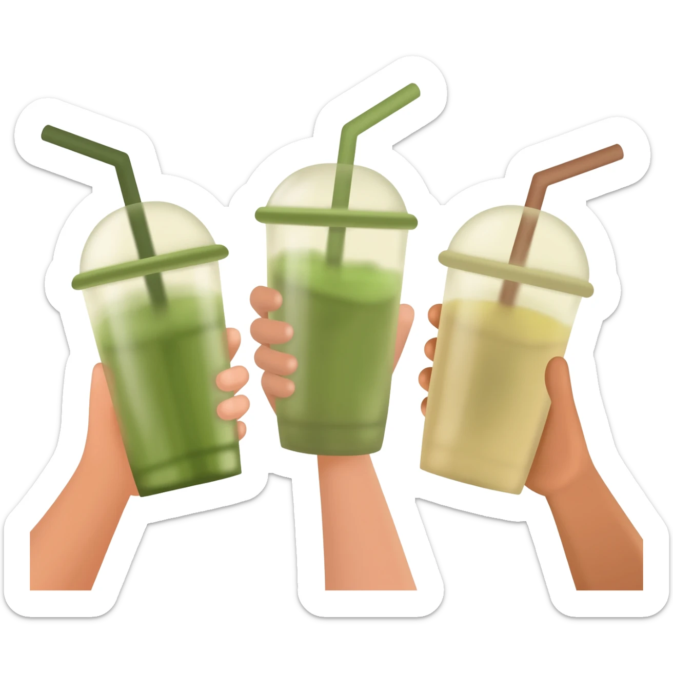 3 womens hands holding matcha drinks sticker