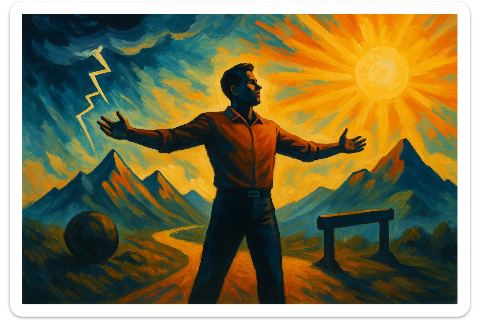 uomo che accoglie le sfide della vita e le supera senza paura sticker