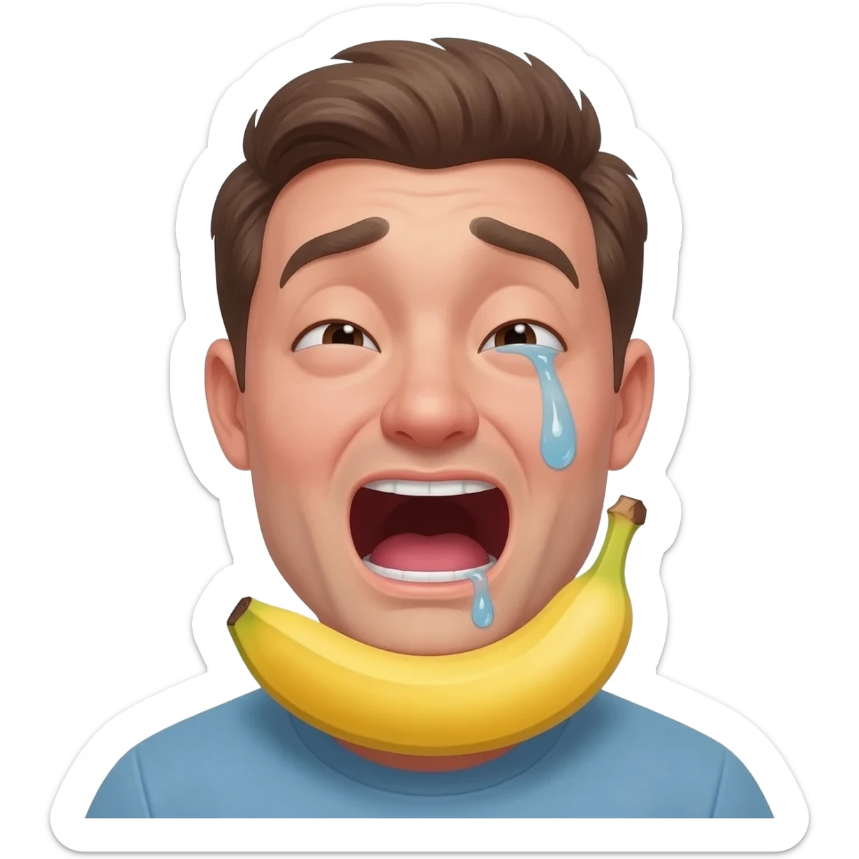 thirty year old guy with mouth wide open and lips around a banana  drooling from one side of his mouth and and tear in one eye sticker