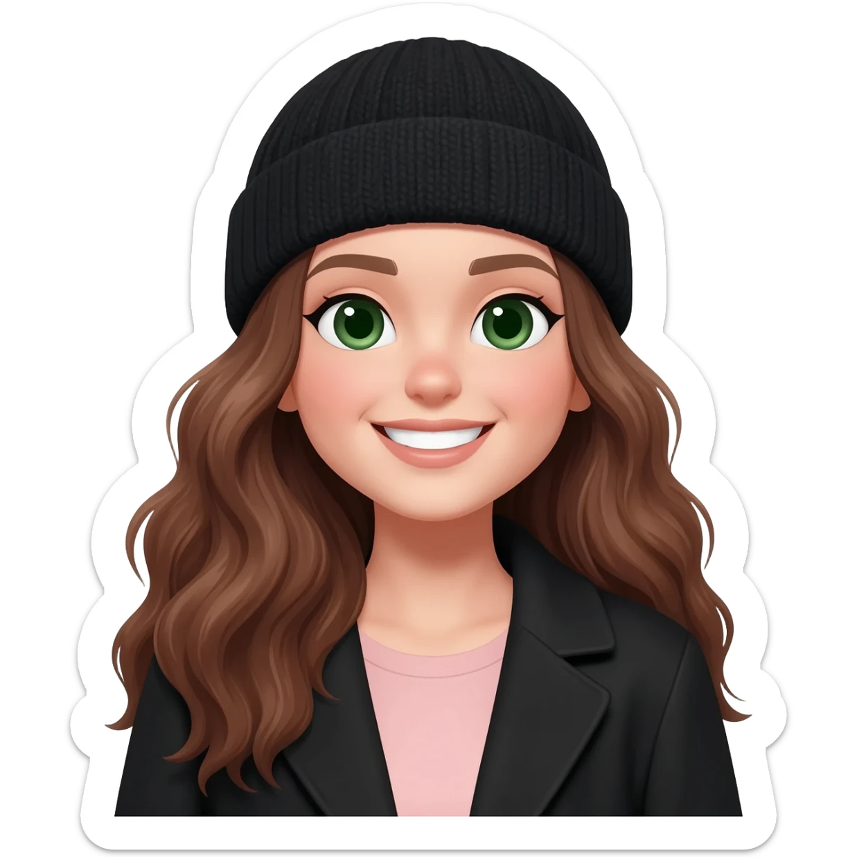 Create an emoji illustration of a smiling young woman with long, wavy brown hair and fair skin. She is wearing a black knit beanie and a black coat over a soft light pink top. She has dark green eyes and a natural smile. sticker