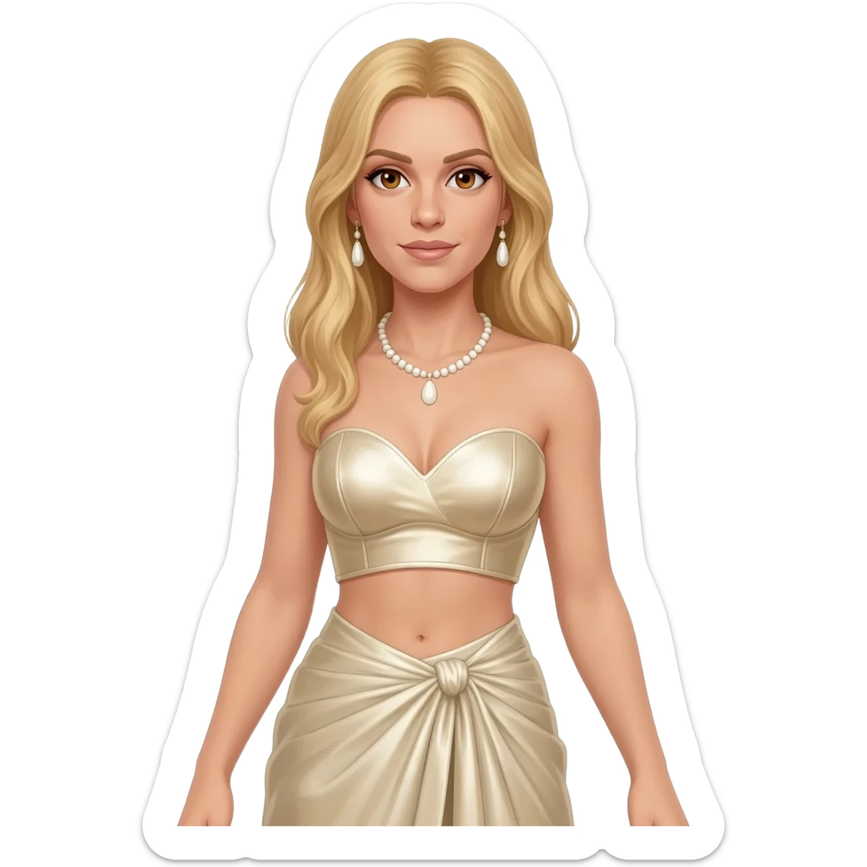 Honey Ryder from Othello with hazel eyes, long blonde hair, ivory metallic sweetheart crop top, ivory metallic wrap long skirt, ivory necklace and earrings sticker