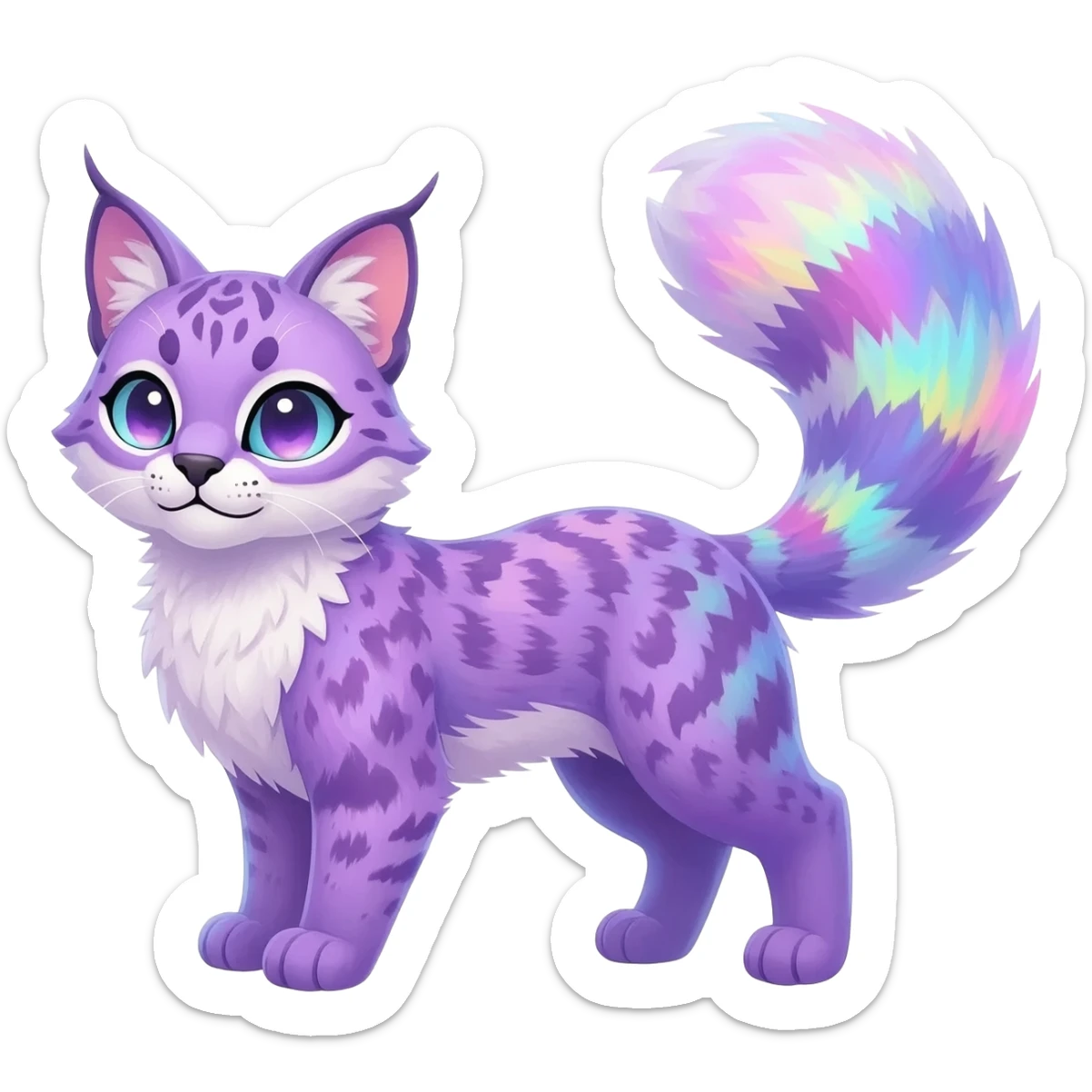 Colorful dark tropical pastel-lilac-lavender-violet iridescent pastel white glorious divine exotic cute cool beautiful shiny beautiful fantasy-caracal-civet-genet-sergal-vernid-Cacomistle-oncilla-animal-Fakémon-hybrid-fursona (full body) sticker