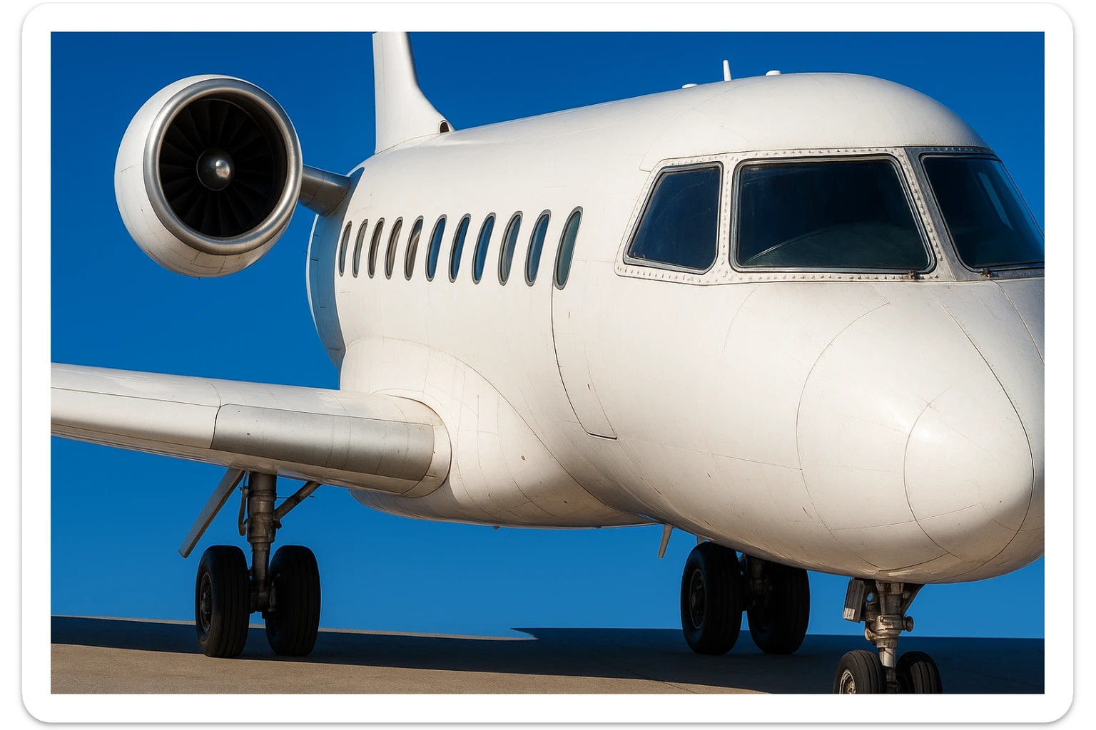 Recreate a realistic, detailed image of a white private jet airplane on the ground, with a clear blue sky background, matching the style and composition of the reference image. The style should be realistic and detailed as in the reference. sticker