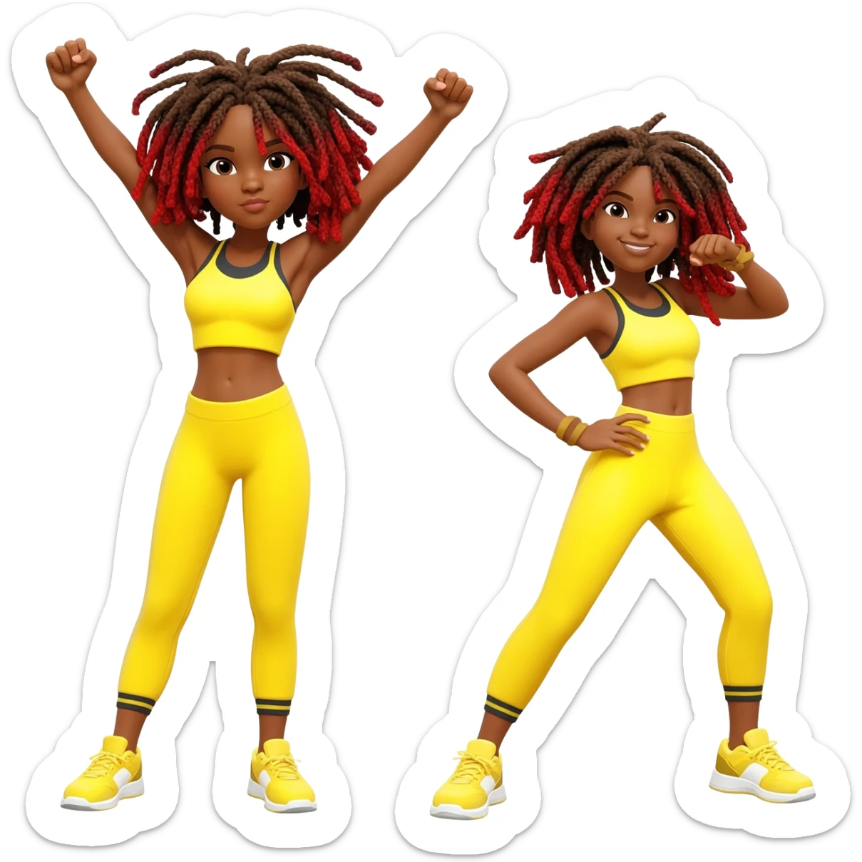 African American girl with shoulder length dreadlocks brown with red tips,  In yellow working out clothes in various work out poses sticker