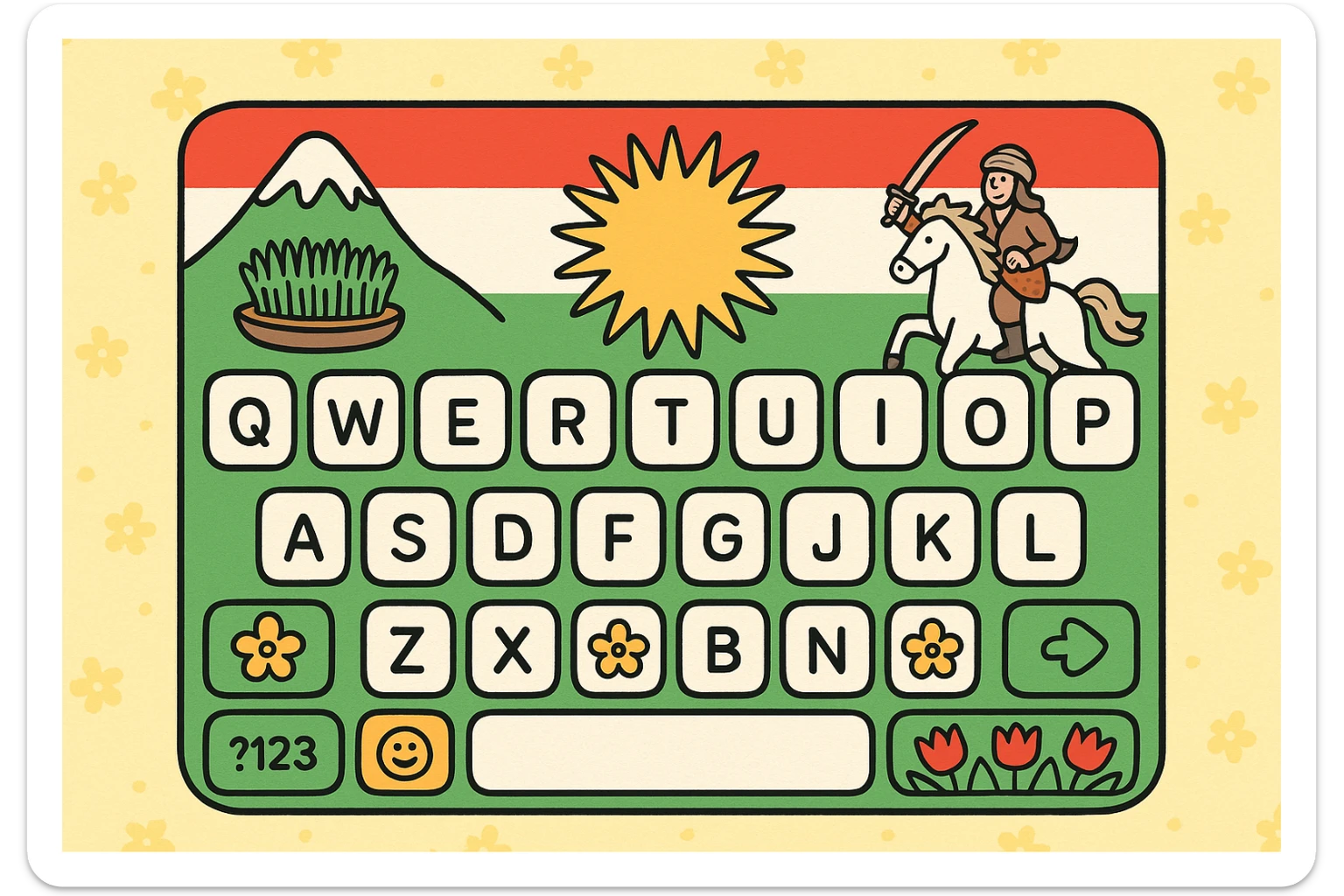 cartoon style mobile keyboard inspired by Kurdish culture, using colors of Kurdistan flag (green, white, red, yellow), featuring Nowruz flowers, sun in the middle of the flag, joyful and fantasy Kurdish elements, patterned and cheerful background, keys with soft cartoonish borders sticker