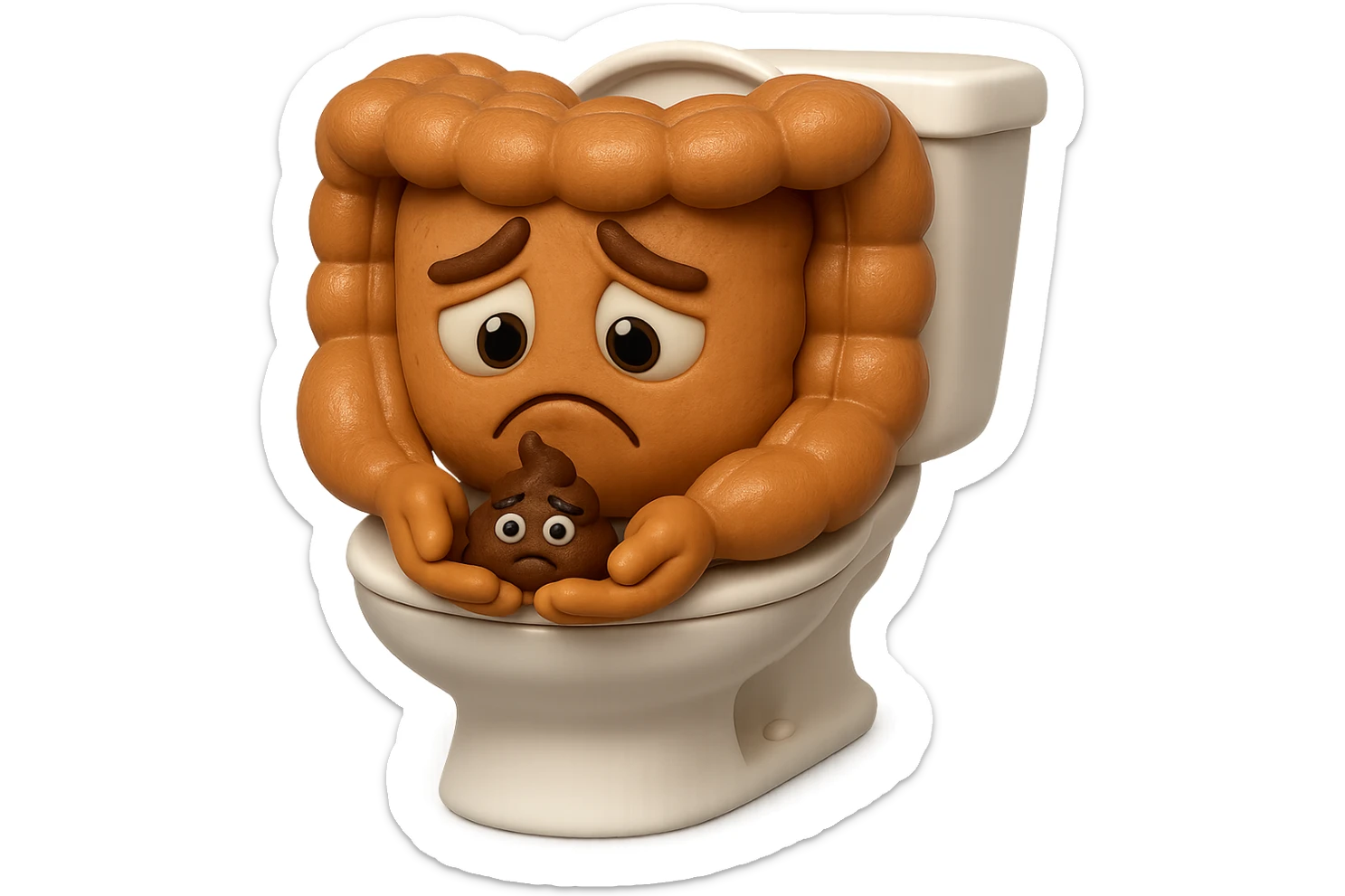 emoji stile iphone di un intestino realistico 3d che esce dal wc con in mano una montagnetta di feci con espressione triste a palline, iperrealistico 4k sticker
