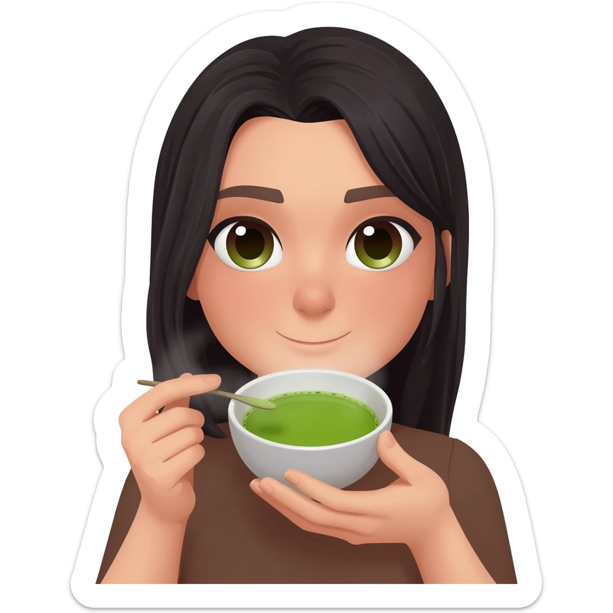 woman drink matcha black long hair green and brown eyes sticker