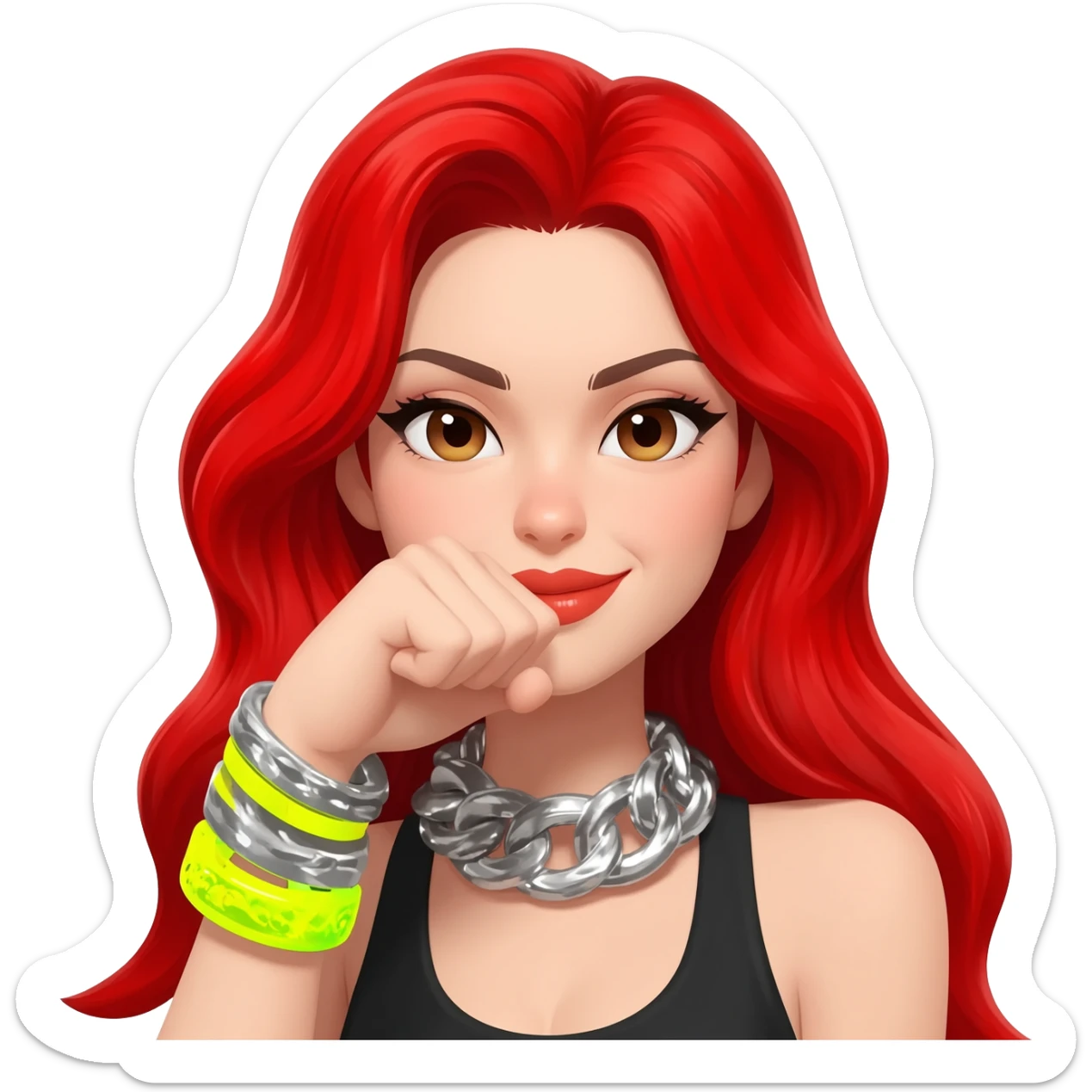 Not showing finger but fist on mouth and blowed mouth....she is red hair and tacky jewellery and cool....the hand is on her mouth and she is smirking and long hair sticker