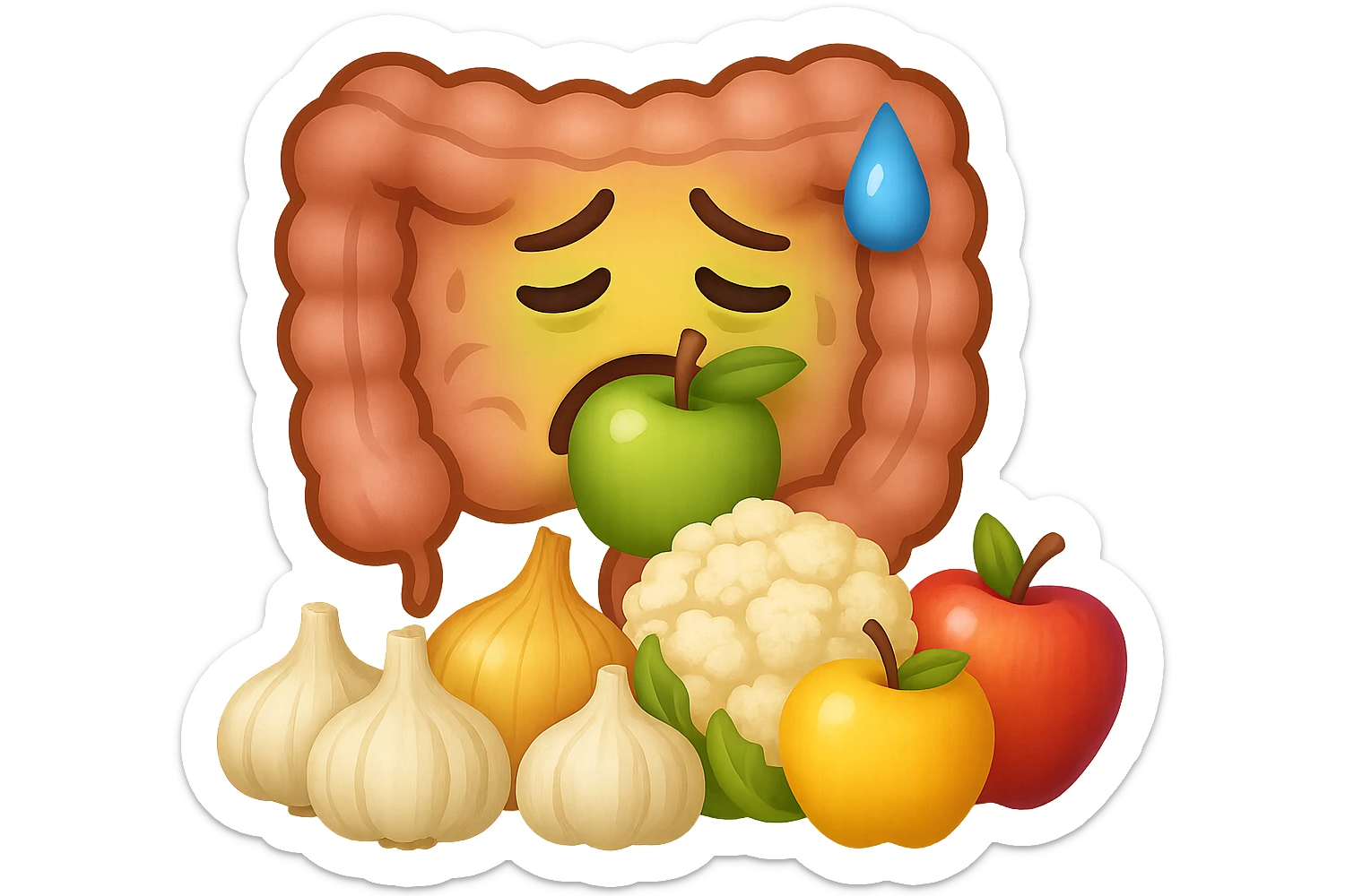 EMOJI STILE IPHONE DI UN INTESTINO UMANO IN CRISI PERCHé STA MALE, IN BOCCA HA UNA MELA E DAVANTI A LUI C'è UNA MONTAGNA DI aglio, cipolle, cavolfiore e mele sticker