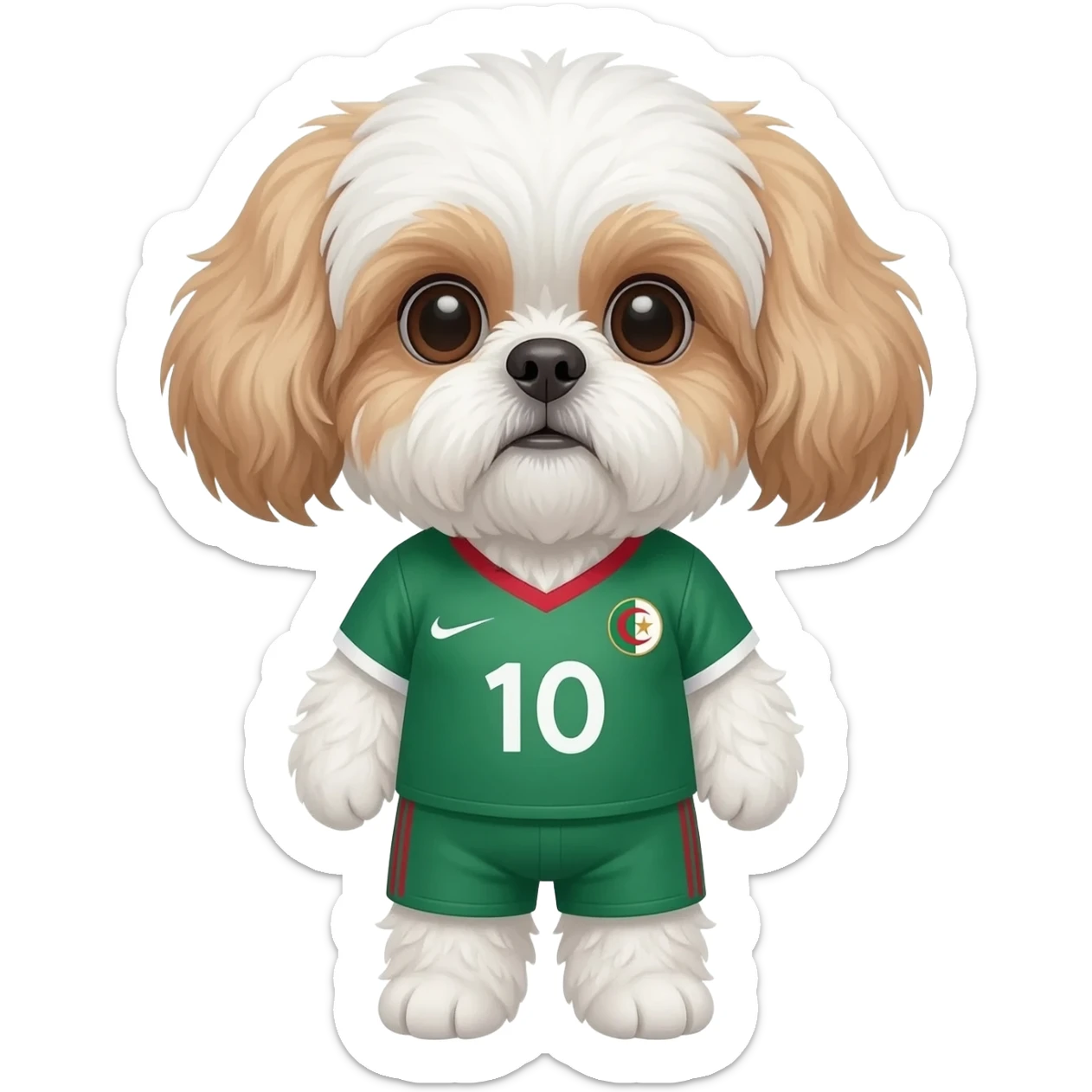 white and light brown shih zhu wearing a Algeria soccer jersey v neck 2026 work cup sticker