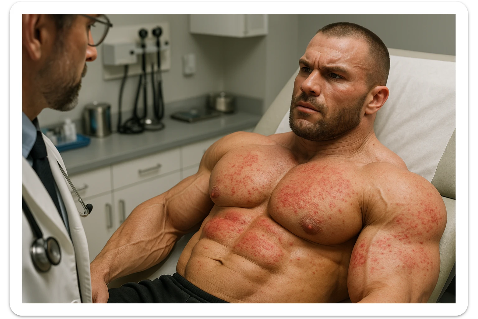 BODYBUILDER STESO SUL LETTINO DI UN MEDICO CON IRRITAZIONE CUTANEA, iperrealistico 4k sticker