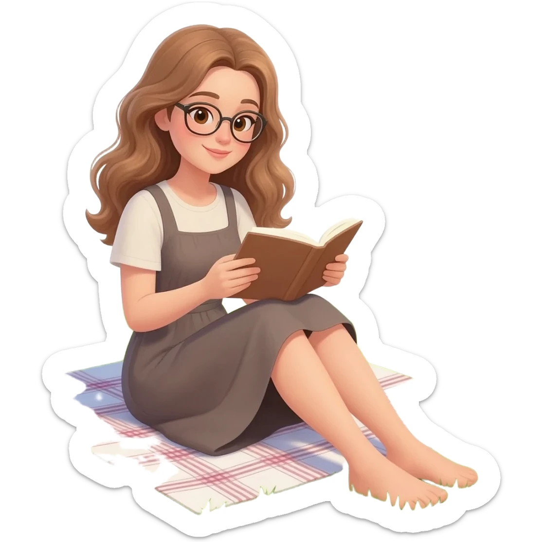 detailed emoji scene of a woman with long light brown wavy hair and light brown eyes wearing glasses, reading a book while sitting on a picnic blanket in the grass, peaceful picnic atmosphere, emoji style illustration sticker