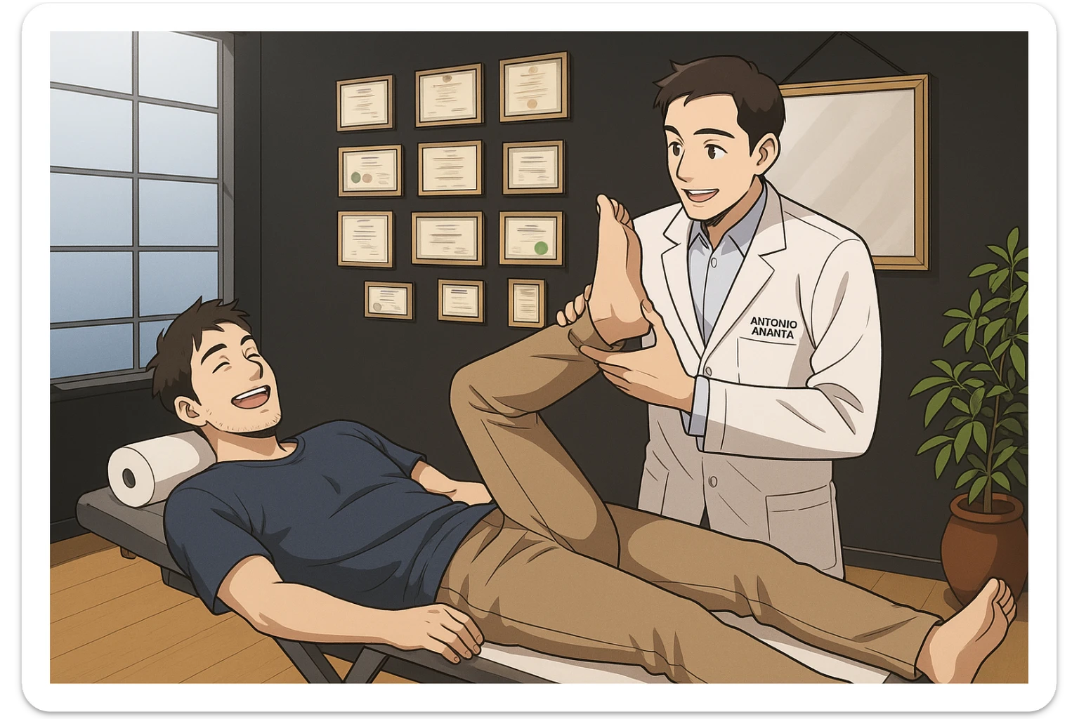 su questo lettino rappresenta un webtoon manga a colori con questo stile, in cui un uomo è steso sul lettino medico e il kinesiologo con il camice bianco (fagli anche la scritta "ANTONIO ANANIA" SUL CAMICE, gli solleva una gamba per fargli il test neuromuscolare, IL KINESIOLOGO SPIEGA ALL'UOMO UNA cosa mentre gli alza la gamba. l'espressione dell'uomo è felice e soddisfatta, non fare i fumetti però, fai solo in modo che sembri stiano parlando sticker