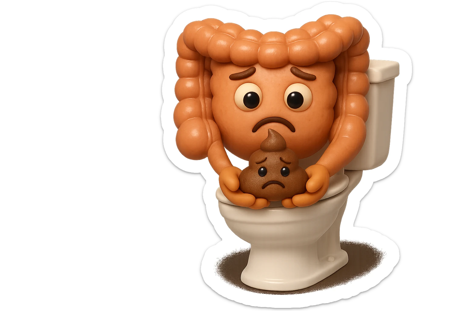 emoji stile iphone di un intestino realistico 3d che esce dal wc con in mano una montagnetta di feci con espressione triste a palline, iperrealistico 4k sticker