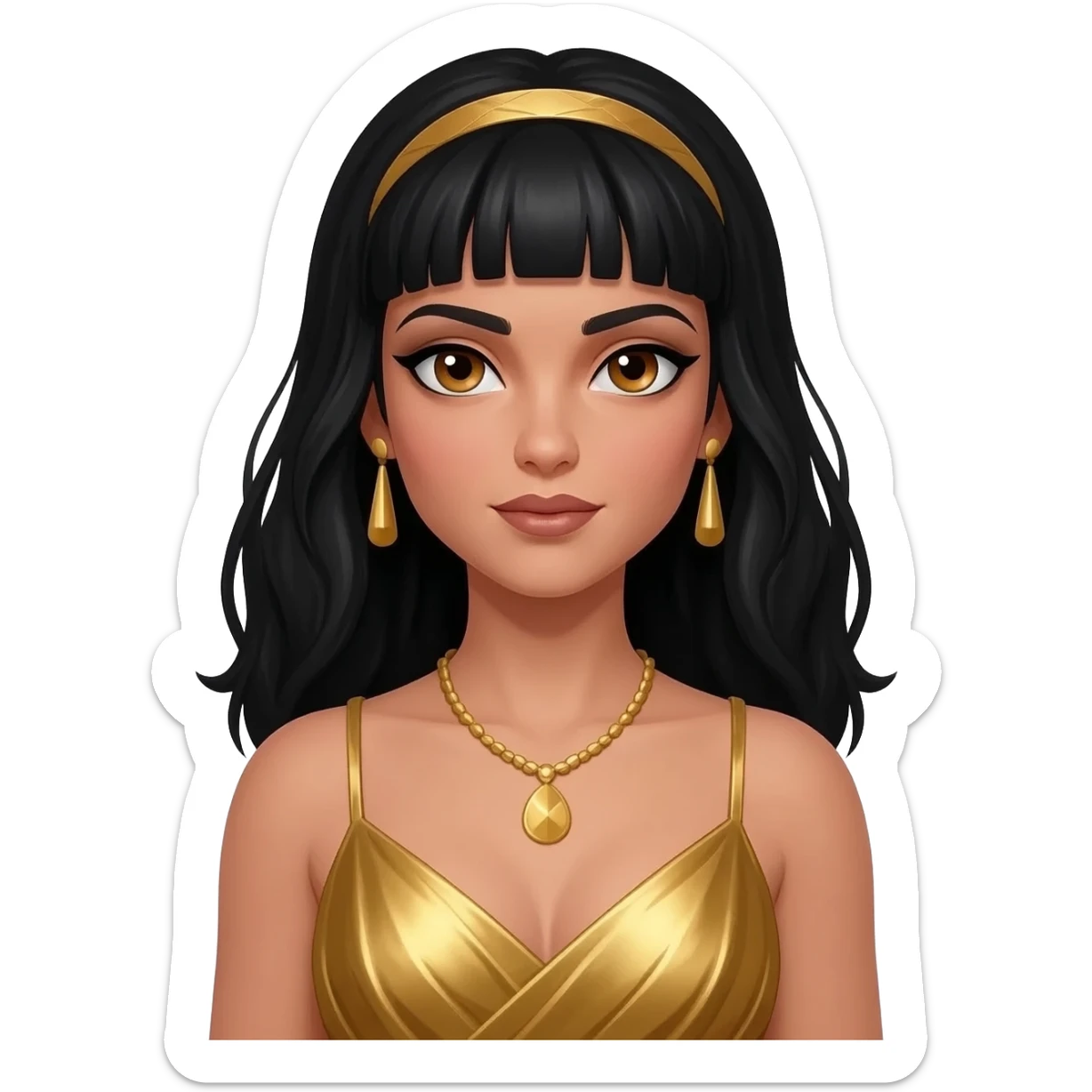 Cleopatra with hazel eyes, long black hair, gold metallic dress, gold necklace and earrings sticker