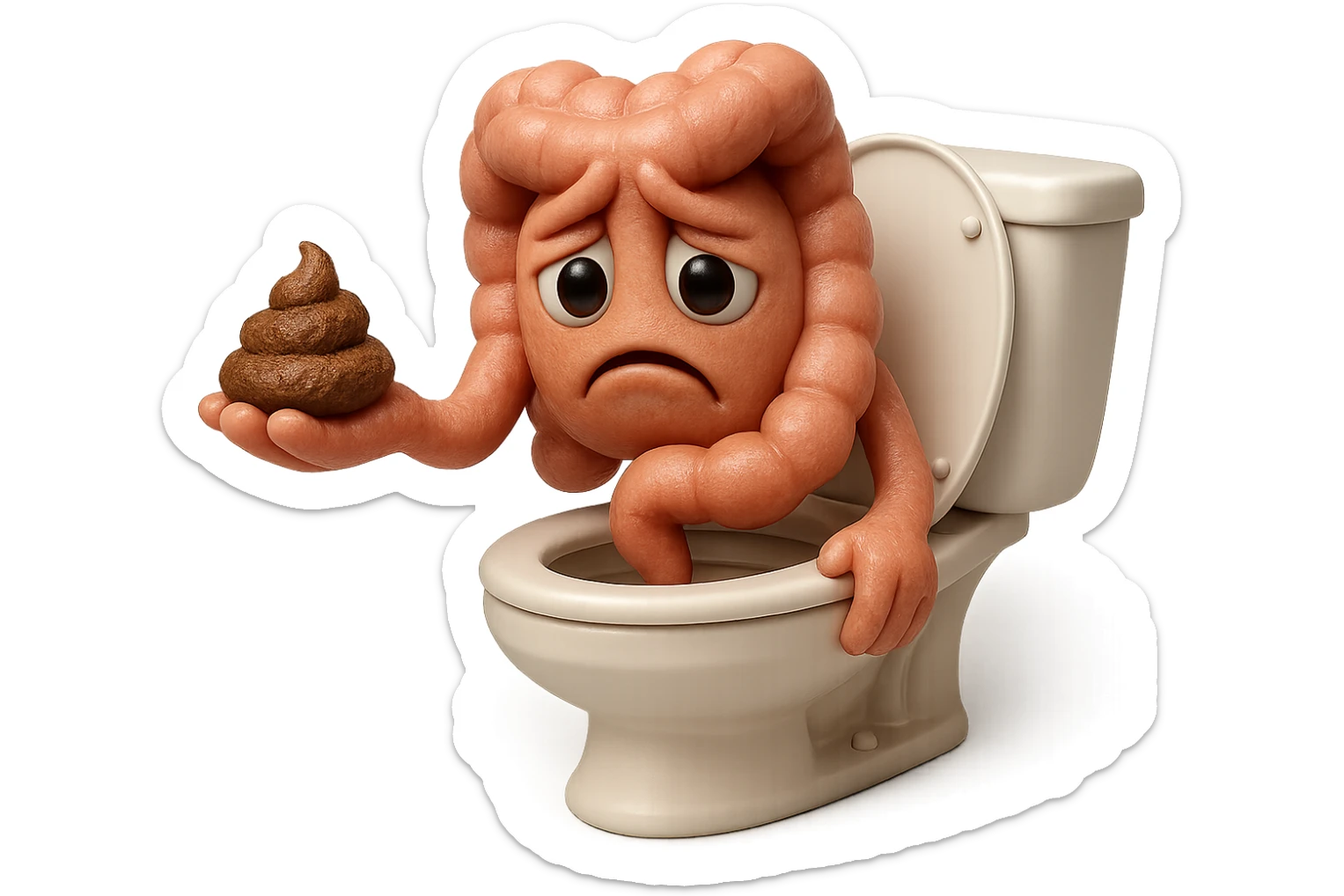 emoji stile iphone di un intestino realistico 3d che esce dal wc con in mano una montagnetta di feci con espressione triste a palline, iperrealistico 4k sticker