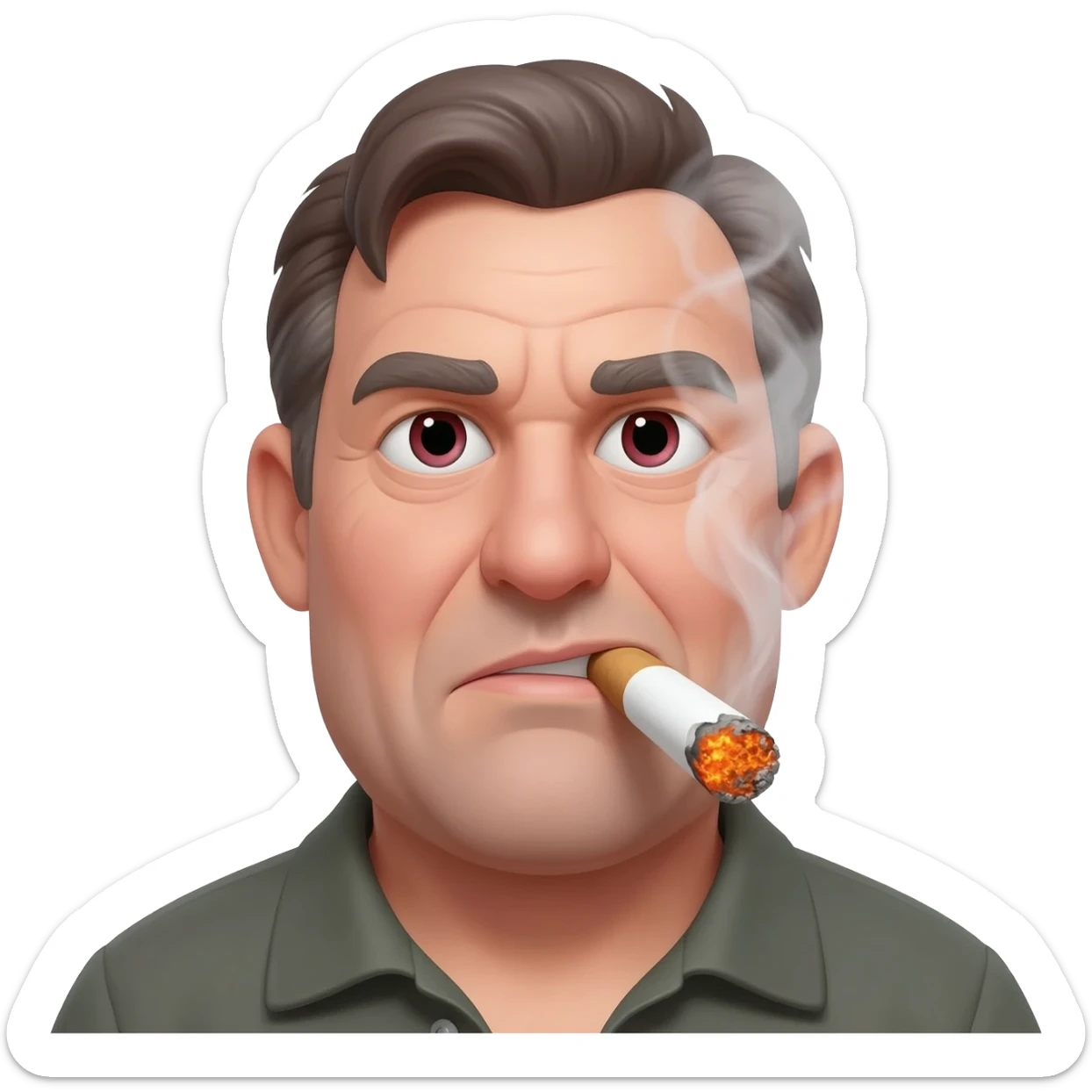 Chubby goofy looking middle aged  white guy with dark brown, but graying hair and bloodshot eyes, Smoking A SUPER HUGE  all white joint with orange and ash with hot ash and smoke rising off of it sticker