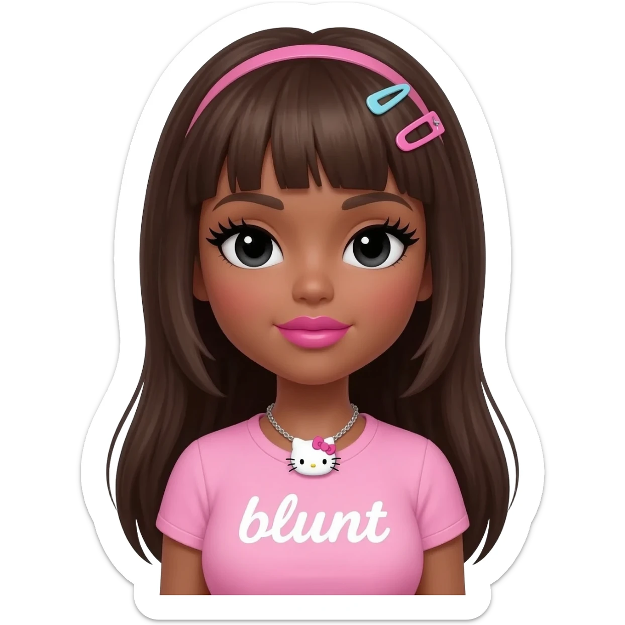 Long lashes, my melody hairclip, Doll faced shaped, hello kitty necklace, bimbo, black doll eyes, Big lips barbie, long dark brown skin with dark brown hair, light pink bimbo shirt says "blunt" , big breast sticker