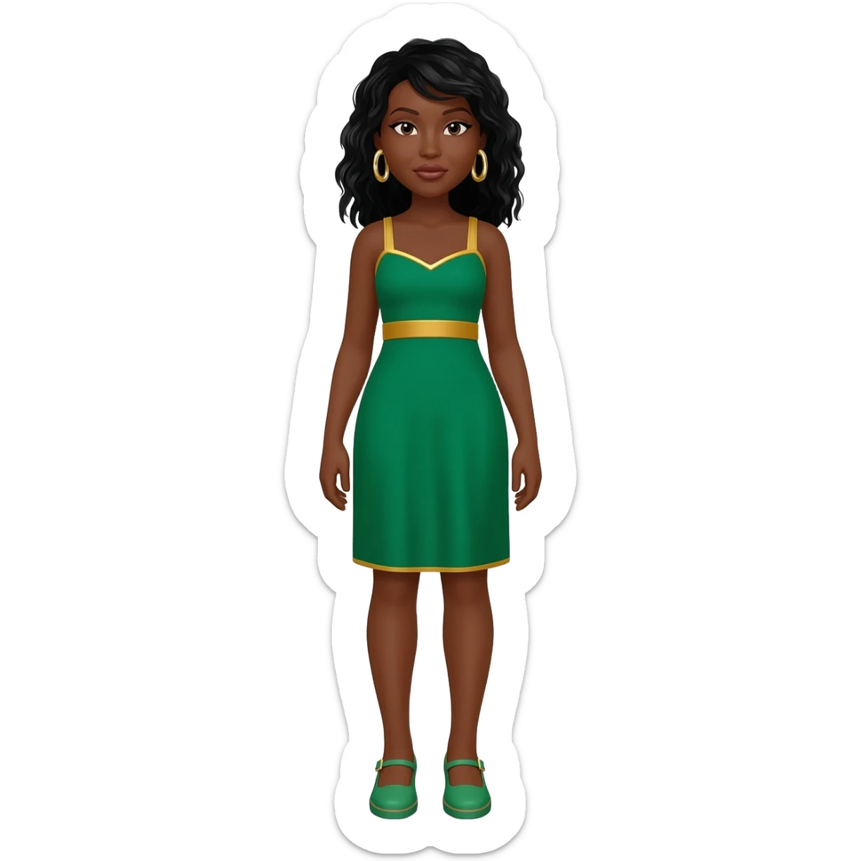 Black female green and gold lines dress and gold earrings black hair green shoes sticker