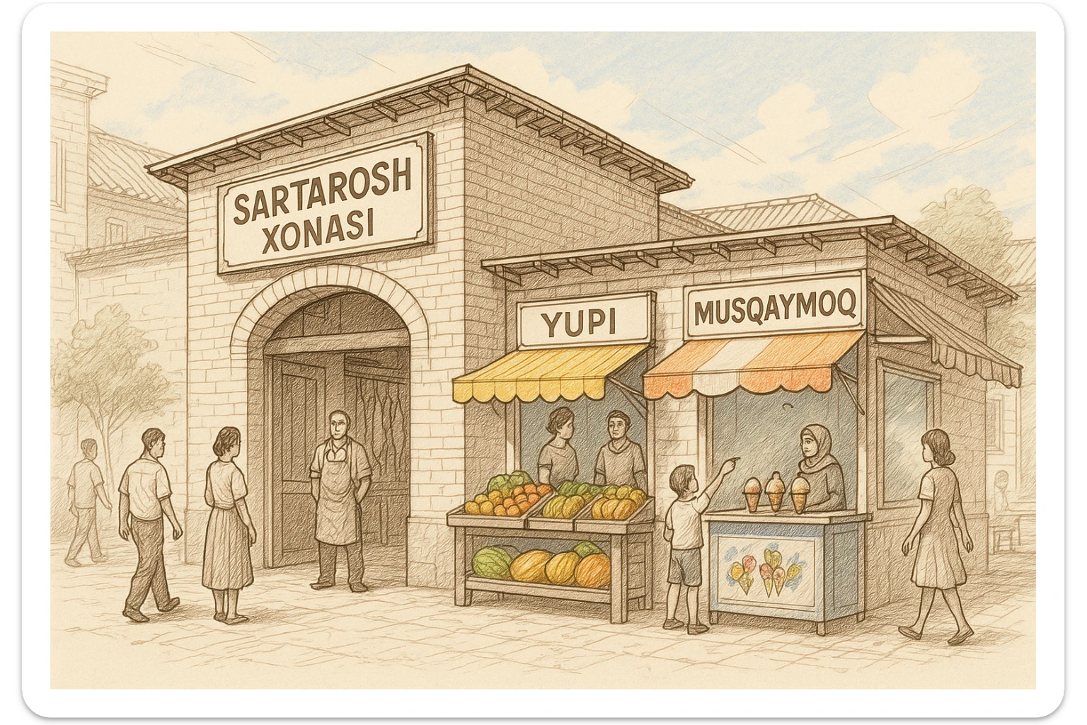 brohouse sartarosh xonasini chizib ber tashqaridan va uning yonida yupi va musqaymoq sotadigan lavkalar bulsin sticker