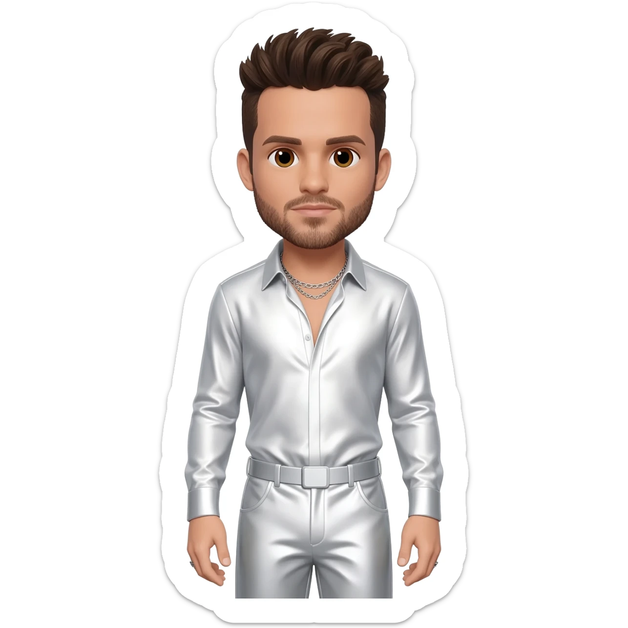 AJ McLean from Backstreet Boys with brown eyes, dark brown hair and short beard, white metallic shirt, white metallic baggy pants, silver necklace sticker