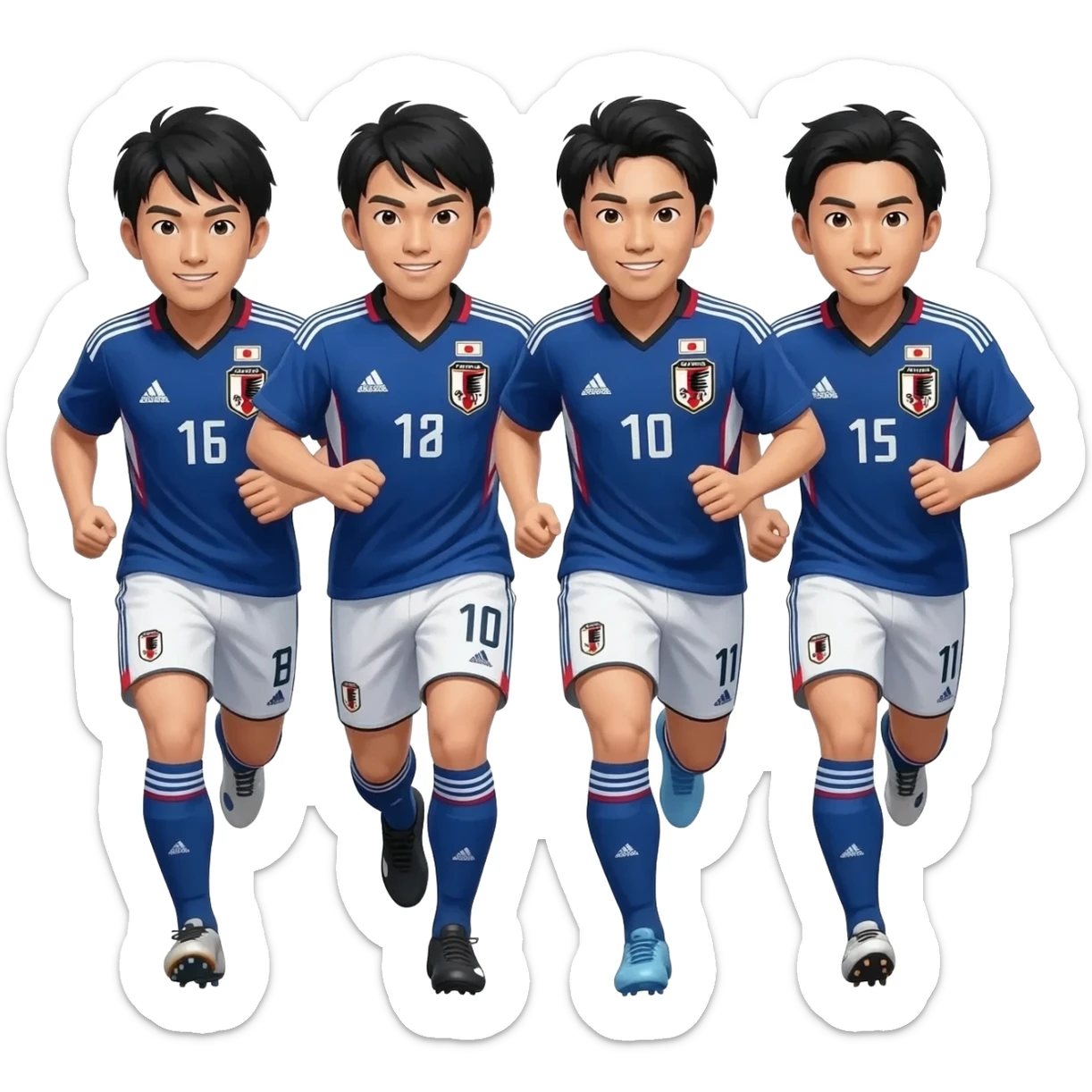 4 soccer players, asian look of the same team in blue jersey of Japan National team playing soccer together in running pose sticker