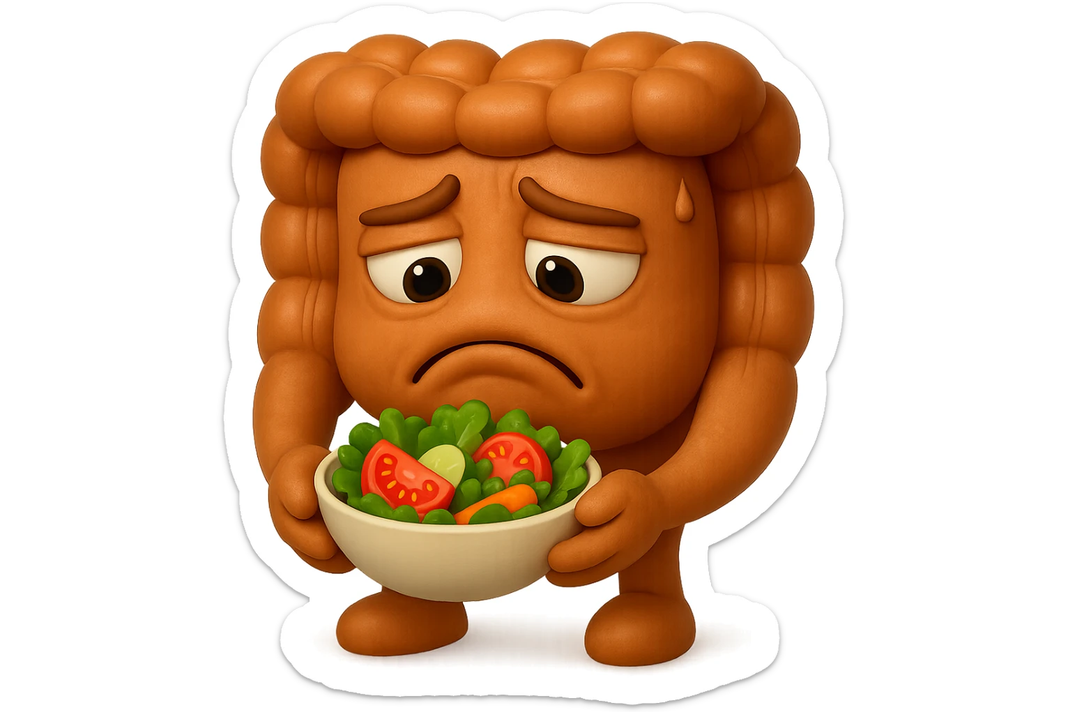 EMOJI STILE IPHONE DI UN INTESTINO UMANO ANATOMICO CHE GUARDA UN INSALATA CON ESPRESSIONE TRISTE E RASSEGNATA IN VOLTO: SOFFRE LA FAME PERCHé è A DIETA, FAGLI ANCHE LA PARTE BIANCA DEGLI OCCHI, NON SOLO LE PUPILLE, IPERREALISTICO 4K sticker
