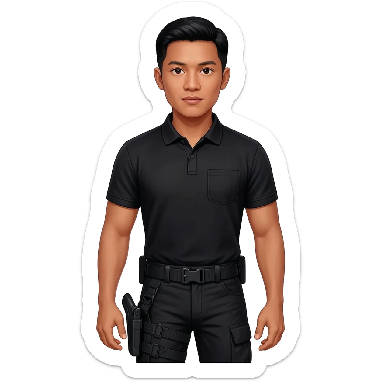 Filipino man black polo shirt and black fatigue combat pants with holster belt sticker