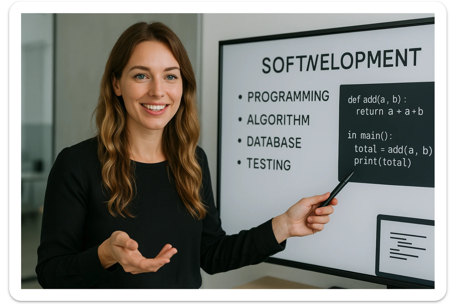 Businesswoman, European, long dark blonde beach waves, green eyes, black blouse with long sleeves, no glasses or chain, smiling, teaching software development sticker