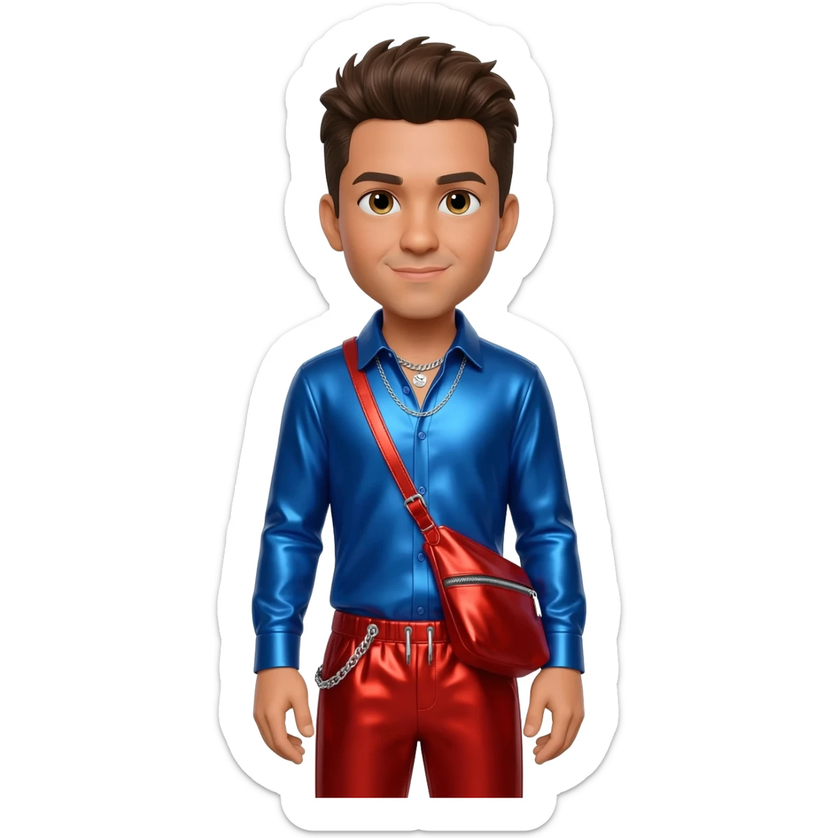 Jason"Wee Man" Acuña with hazel eyes, brown hair, blue metallic shirt, red metallic baggy pants, silver necklace sticker