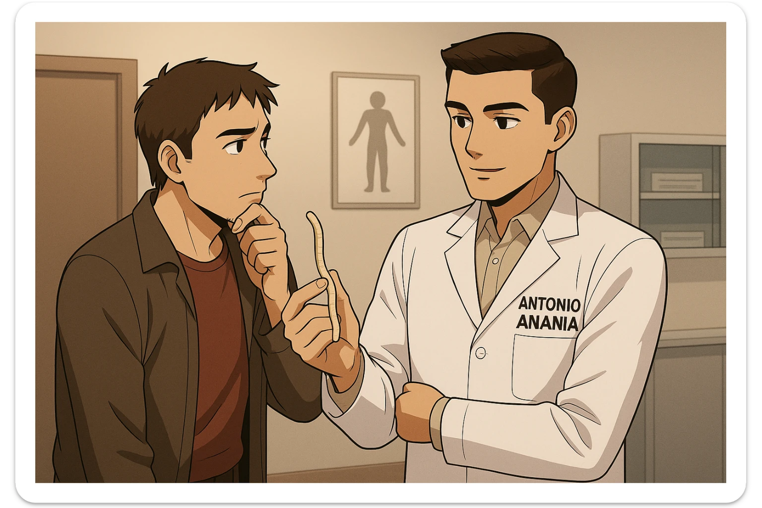fai un webtoon manga a colori con questo stile, in cui un uomo ascolto il kinesiologo con il camice bianco (fagli anche la scritta "ANTONIO ANANIA" SUL CAMICE, il kinesiologo con il camice mostra un verme lungo e beige chiaro all'uomo, IL KINESIOLOGO SPIEGA ALL'UOMO UNA cosa. L'UOMO ha un ESPRESSIONE pensierosa IN VOLTO mentre si tocca il mento con l'indice. non fare i fumetti però, fai solo in modo che sembri stiano parlando sticker