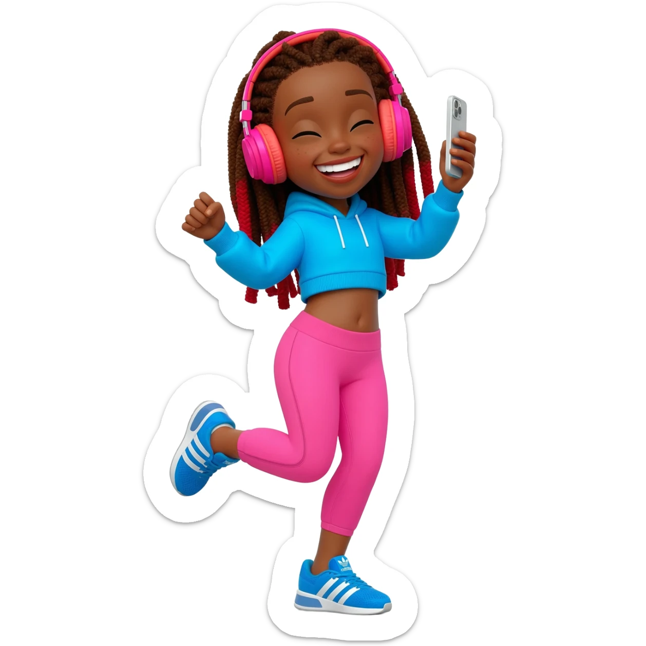 African American girl with long brown dreadlocks with red tips, pink workout leggings and a bright blue cropped hoodie, wearing big pink headphones and blue adidas pumps, happy dancing phone in hand sticker