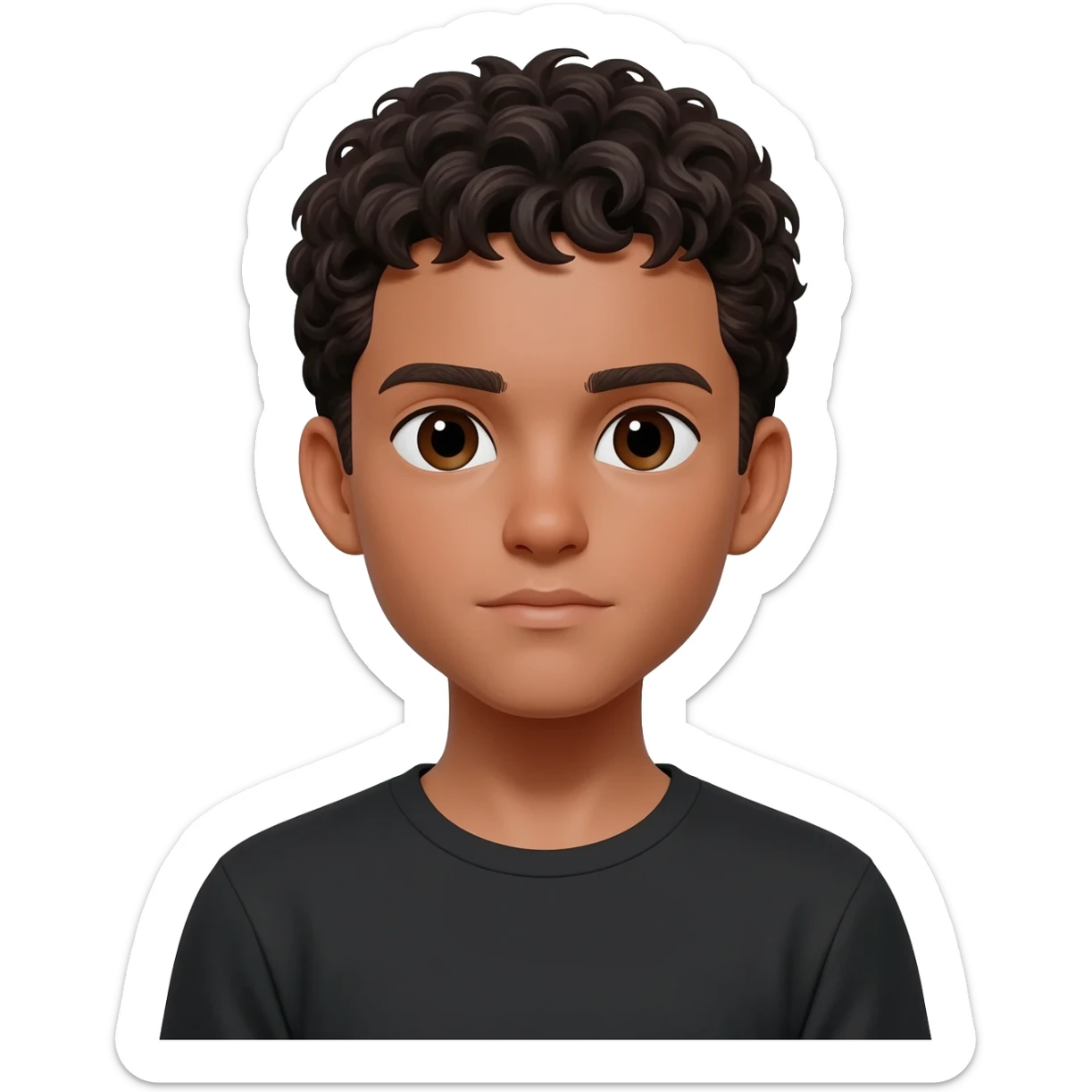 A white boy with lightly tanned skin, short, dark curly hair, and dark brown eyes, wearing a black T-shirt. sticker