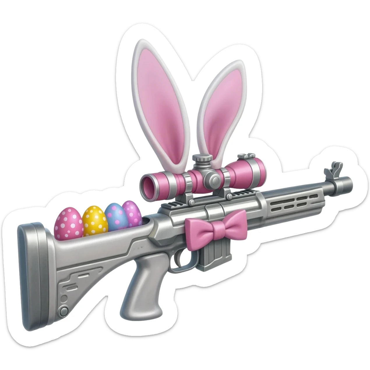 easter theme sniper rifle like with bunny ears and eggs and pink and a tie bow sticker